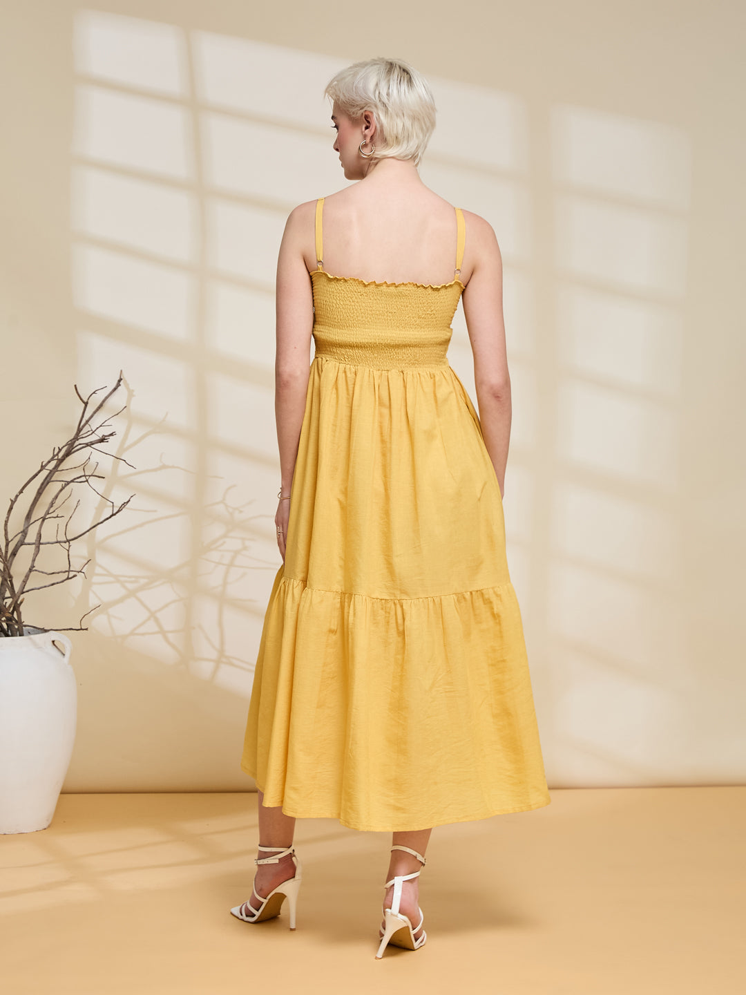 Women's Mustard Yellow Ruched Midi Dress