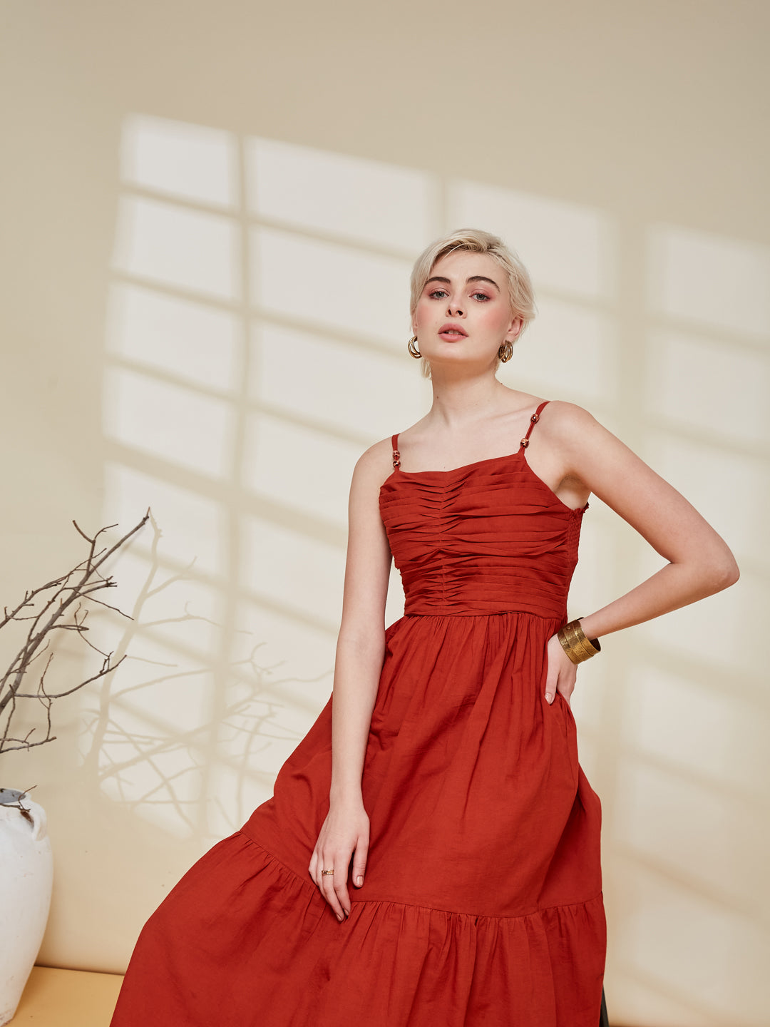 Rust Cotton Tiered Midi Dress for Women