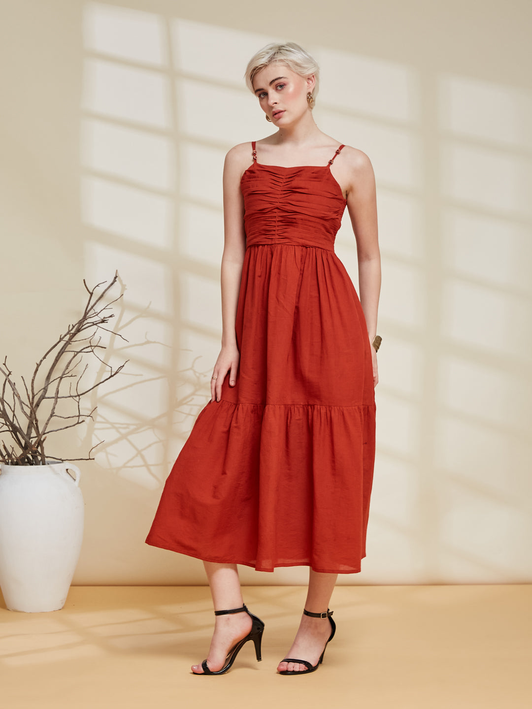 Rust Cotton Tiered Midi Dress for Women