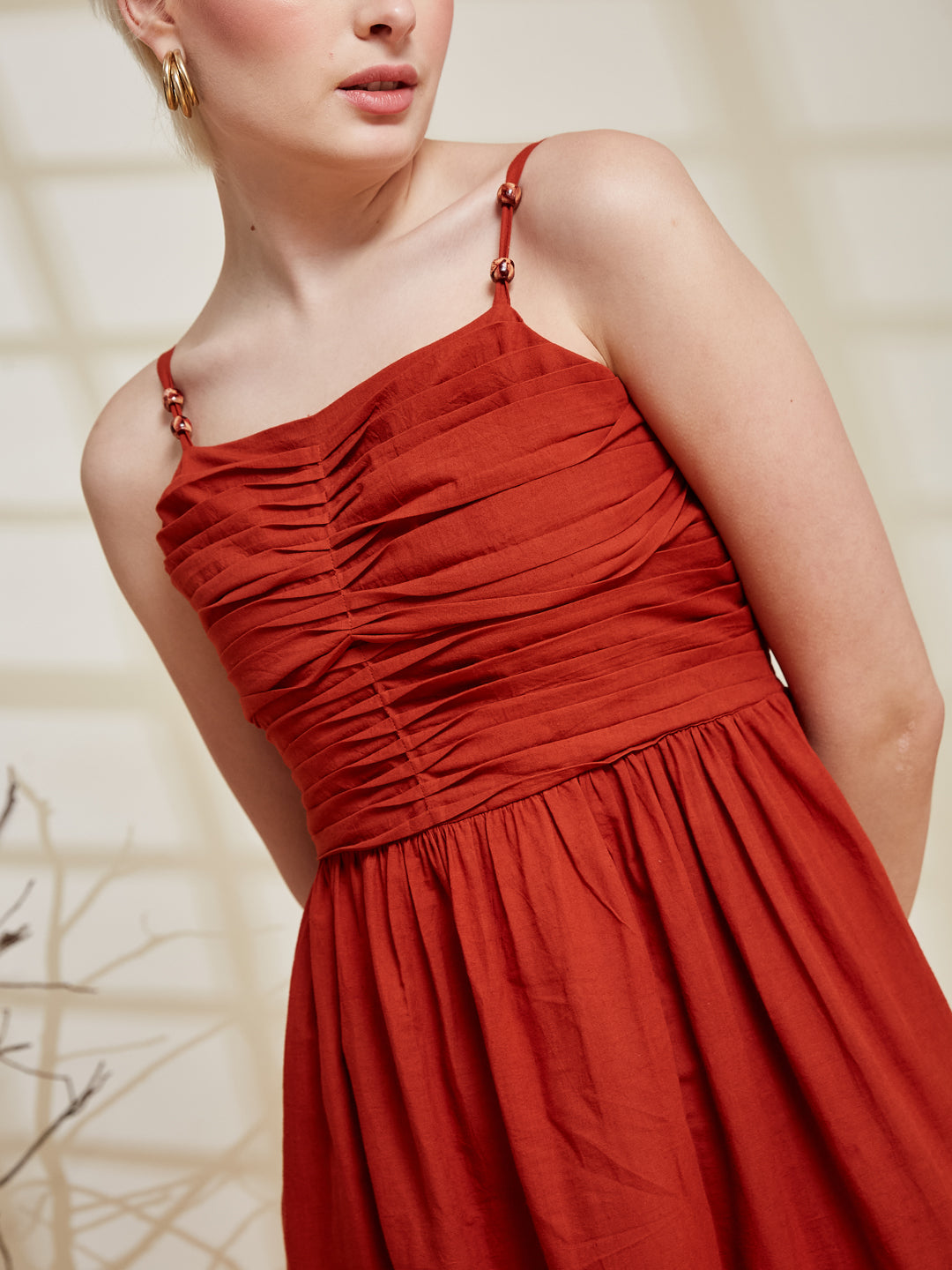Rust Cotton Tiered Midi Dress for Women