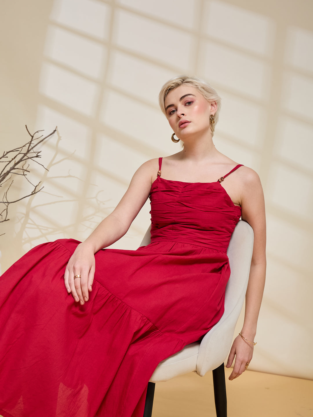 Stylish Red Cotton Midi Casual Dress for women