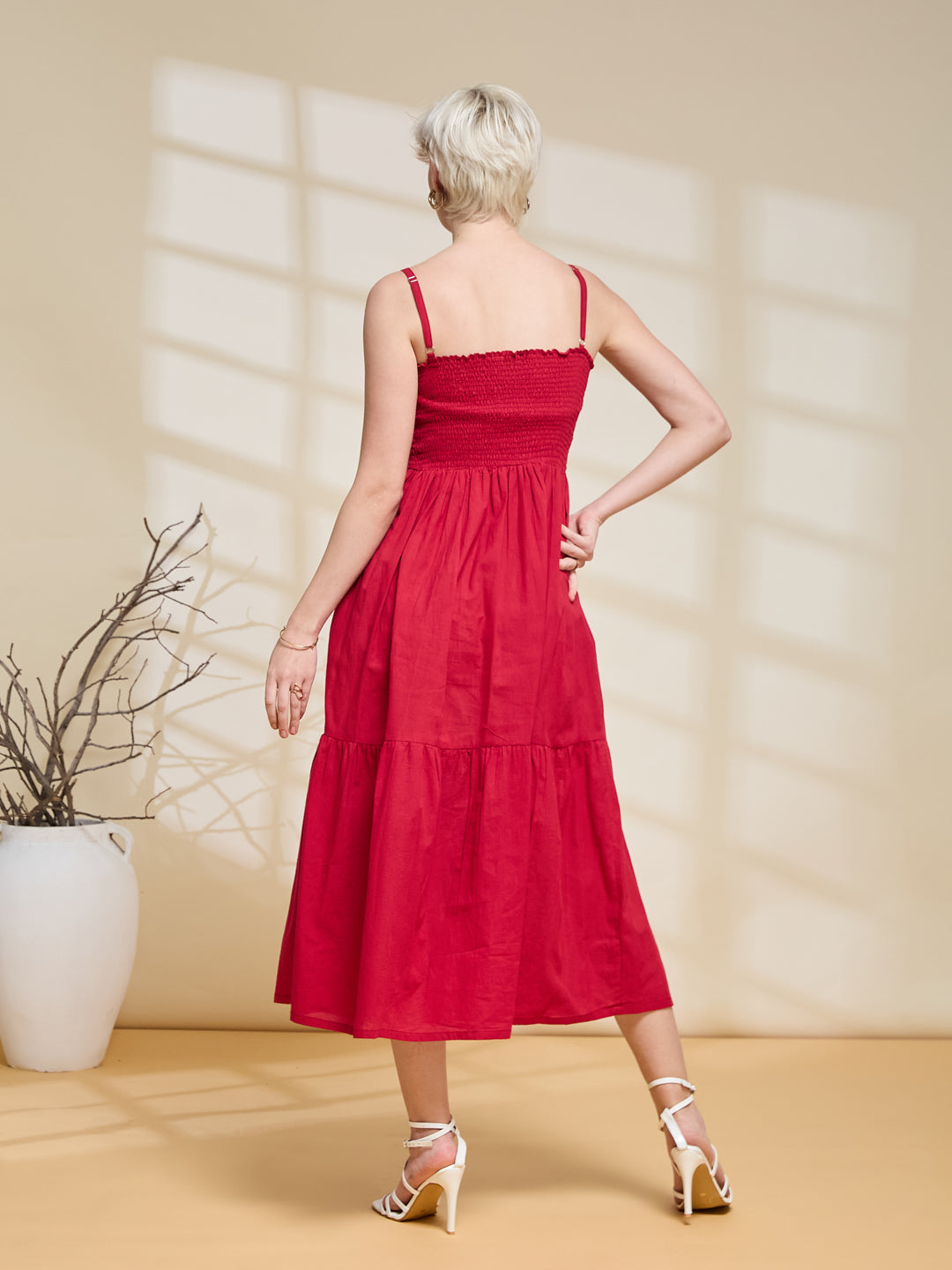 Stylish Red Cotton Midi Casual Dress for women