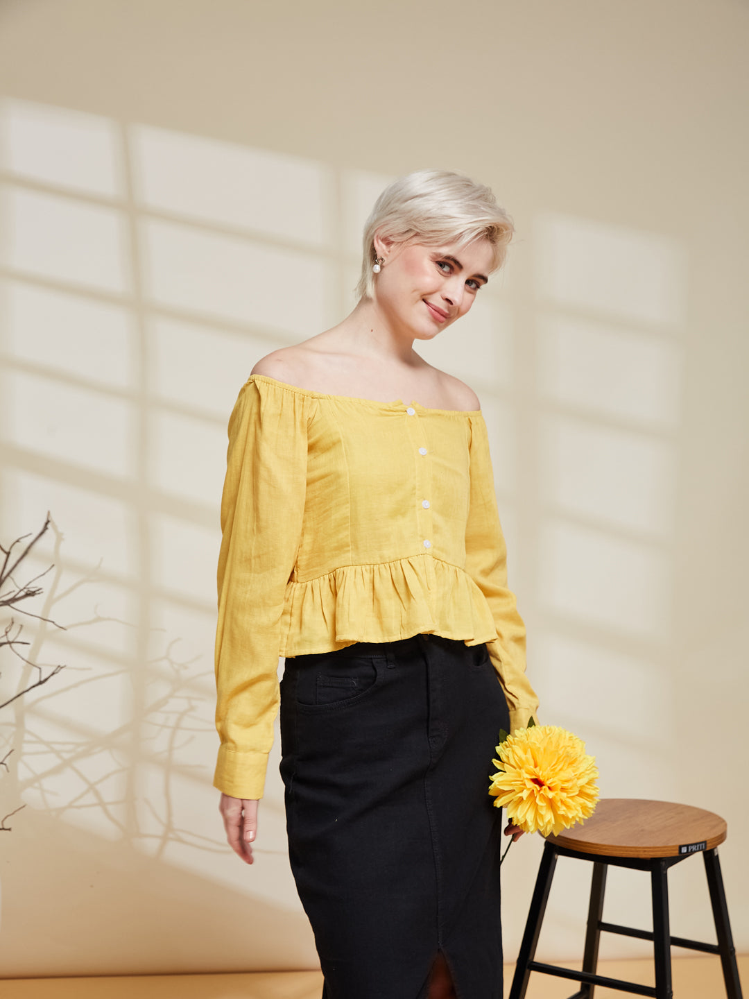 Yellow Cotton Off-Shoulder Peplum Top for Women