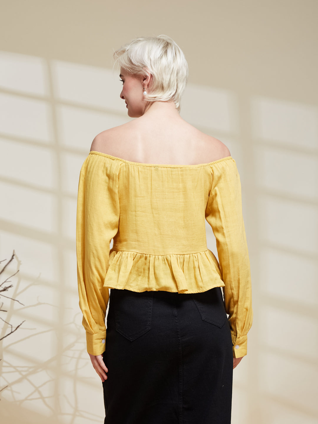 Yellow Cotton Off-Shoulder Peplum Top for Women