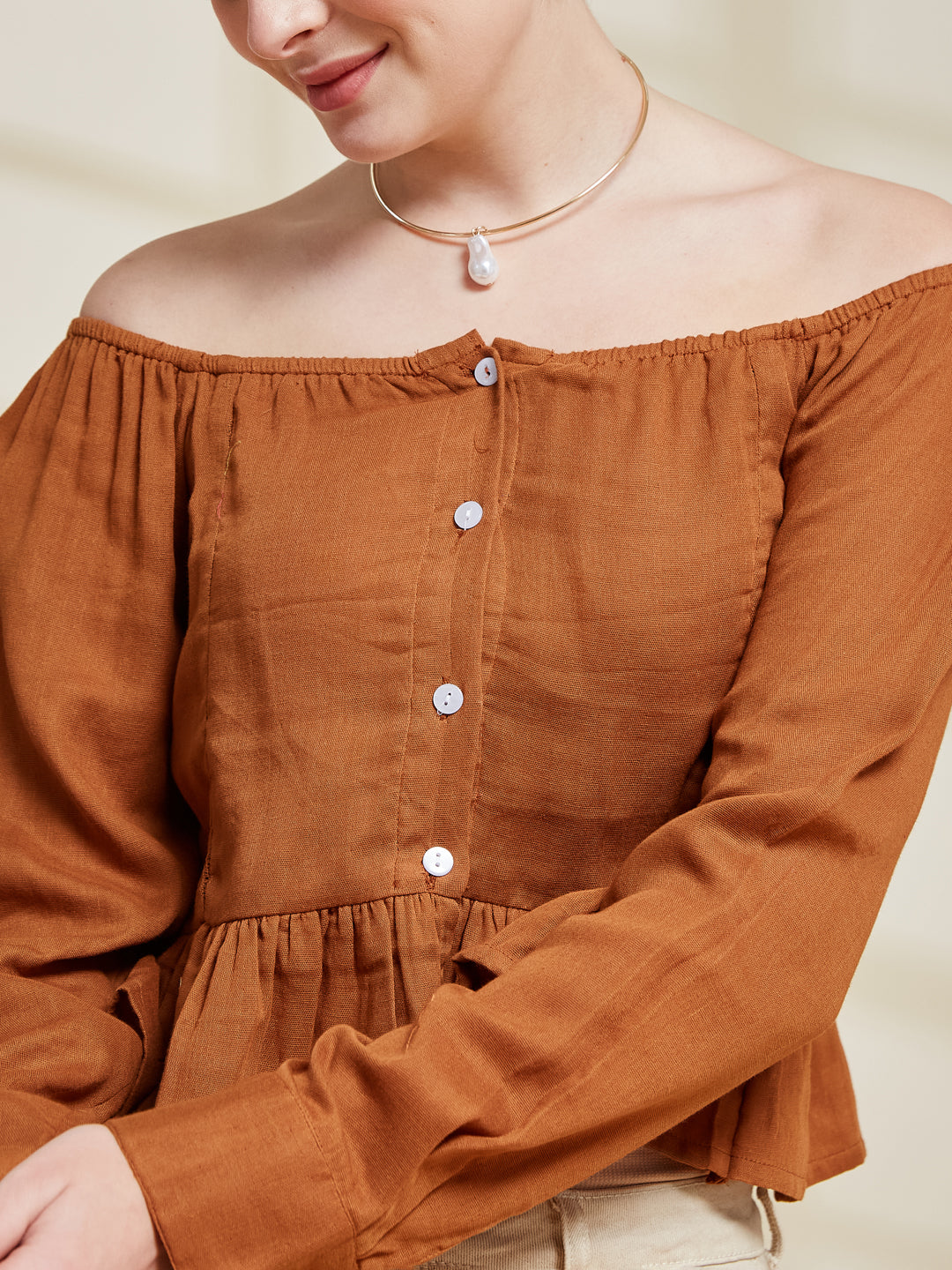 Brown Cotton Off-Shoulder Peplum Top for Women