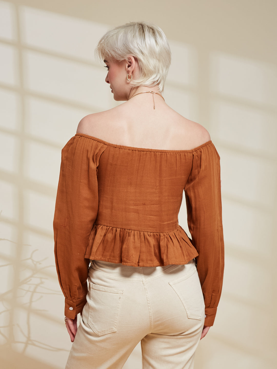 Brown Cotton Off-Shoulder Peplum Top for Women
