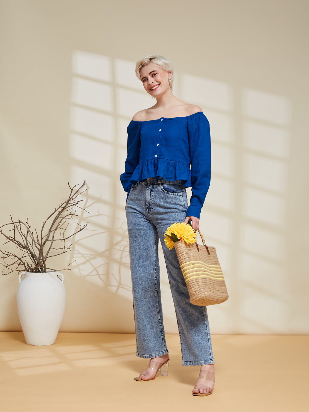 Blue Cotton Off-Shoulder Peplum Top for Women