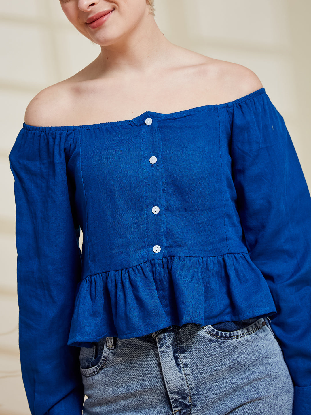 Blue Cotton Off-Shoulder Peplum Top for Women