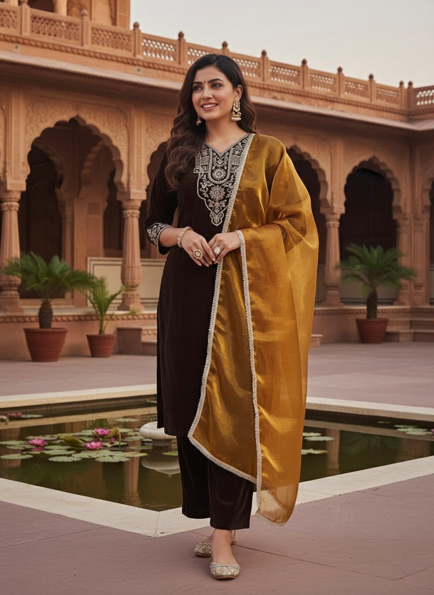 Coffee Velvet Embroidered Kurta with Yellow Dupatta