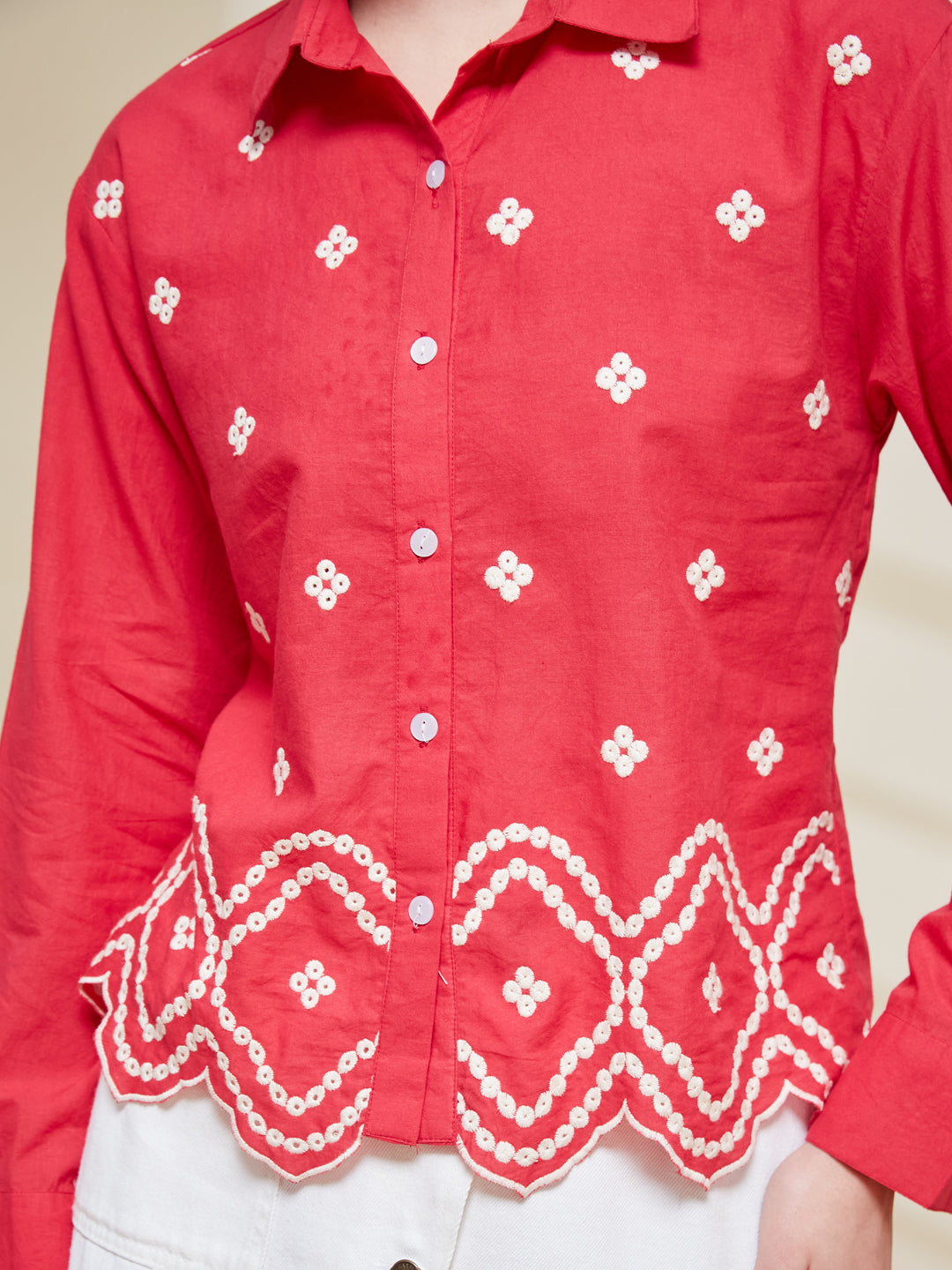 Pink Embroidered Cotton Shirt for Women