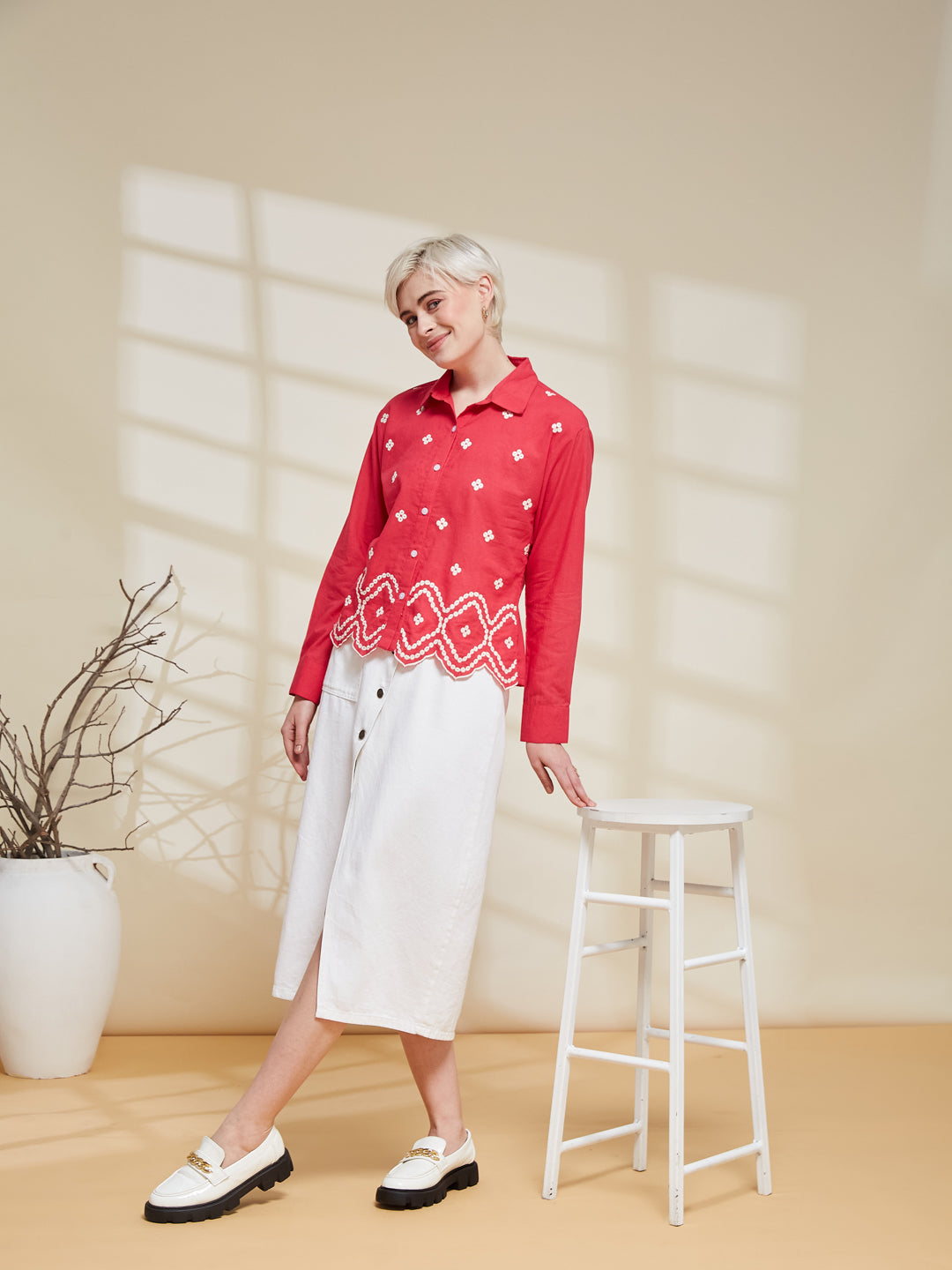 Pink Embroidered Cotton Shirt for Women