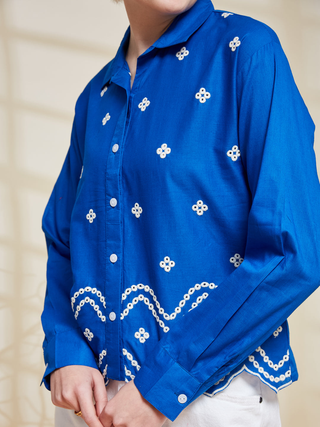 Women’s Trendy Blue Cotton Embroidered Shirt