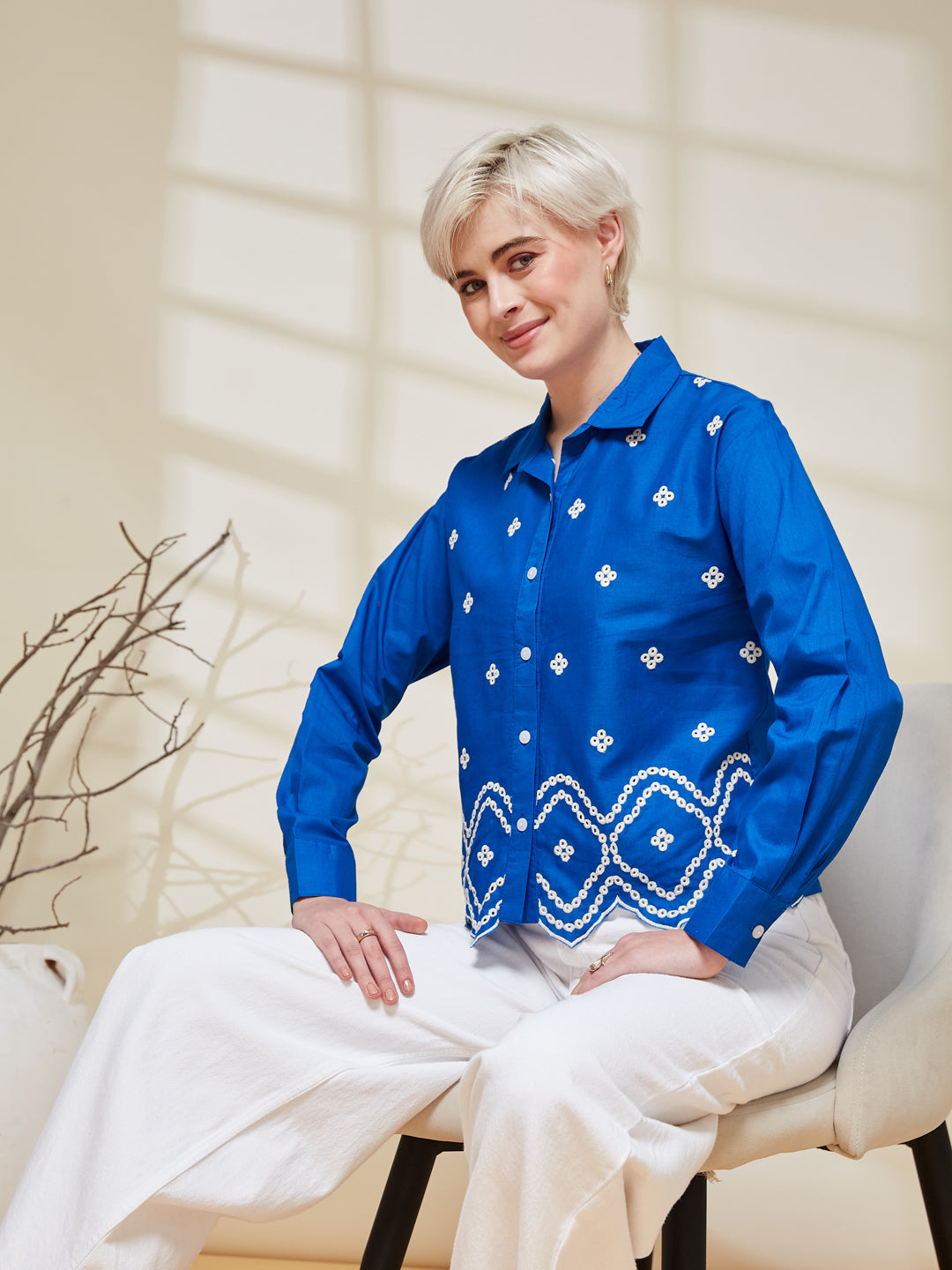 Women’s Trendy Blue Cotton Embroidered Shirt