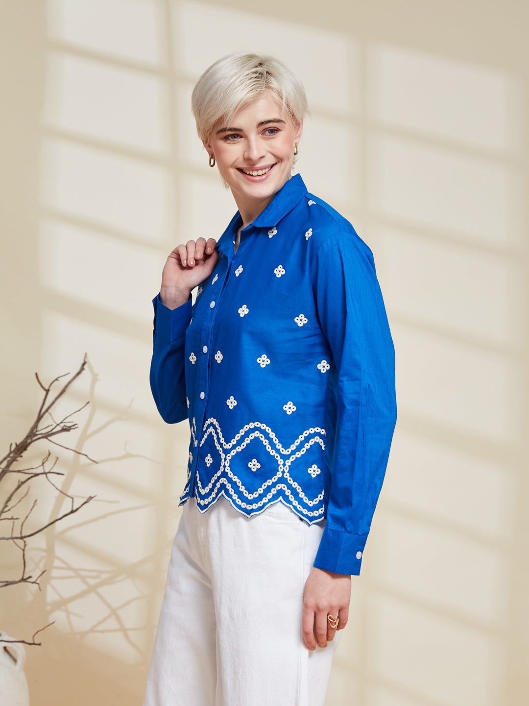 Women’s Trendy Blue Cotton Embroidered Shirt