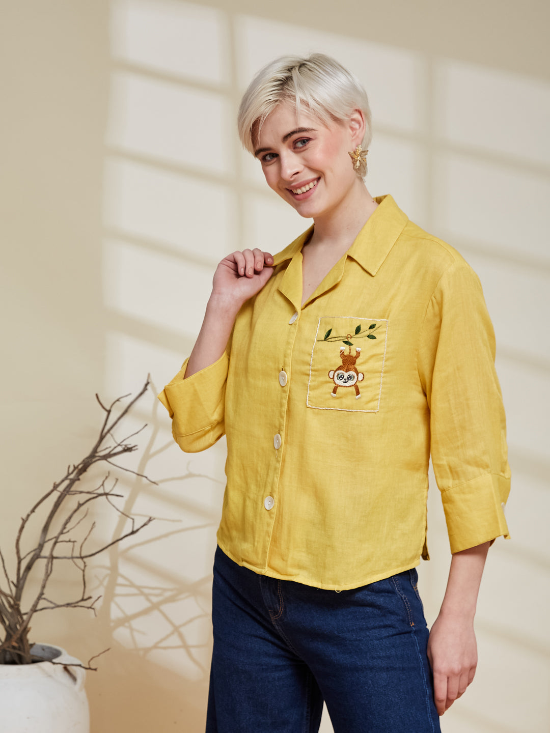 Yellow Cotton Embroidered Casual Shirt For Women