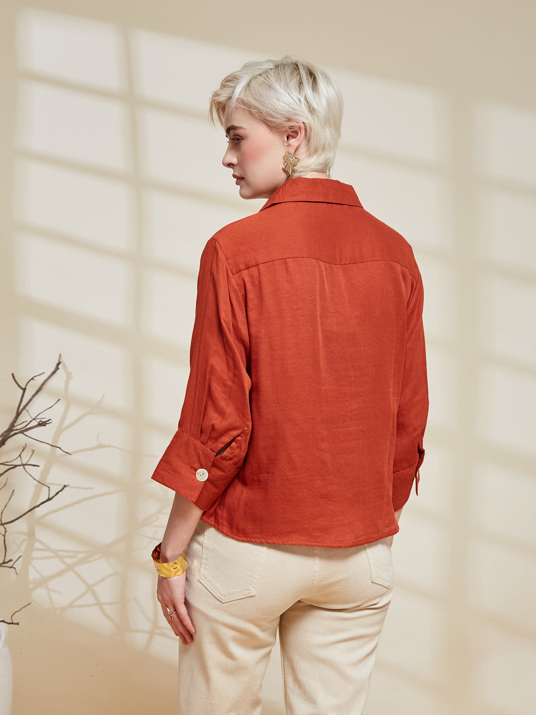 Orange Cotton Embroidered Casual Button-Down Shirt For Women