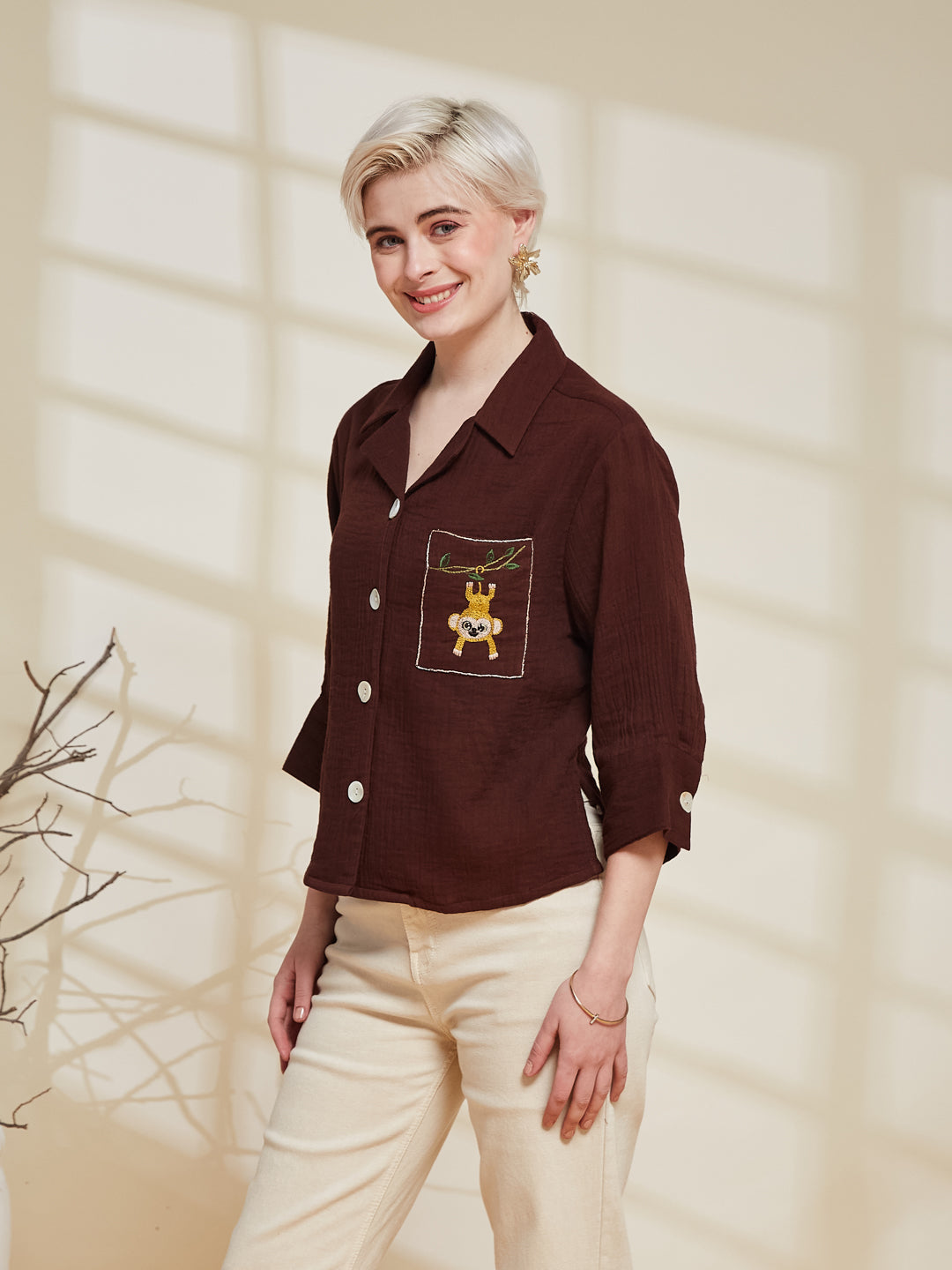 Coffee Cotton Casual Pocket Embroidery Shirt For Women