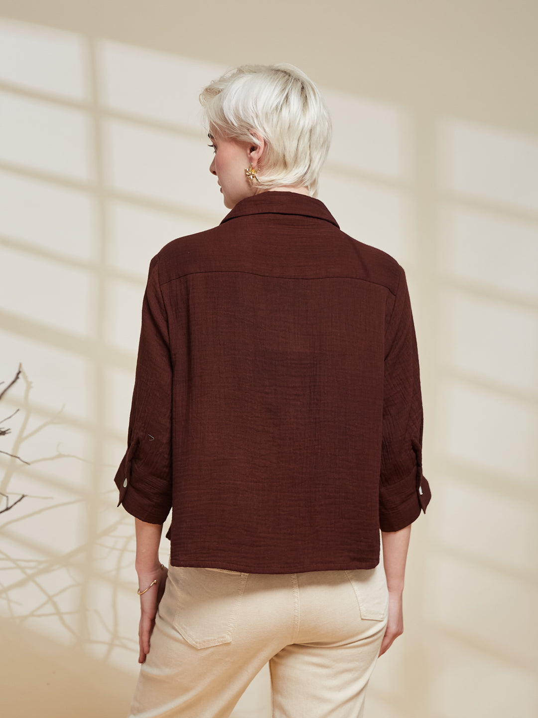 Coffee Cotton Casual Pocket Embroidery Shirt For Women