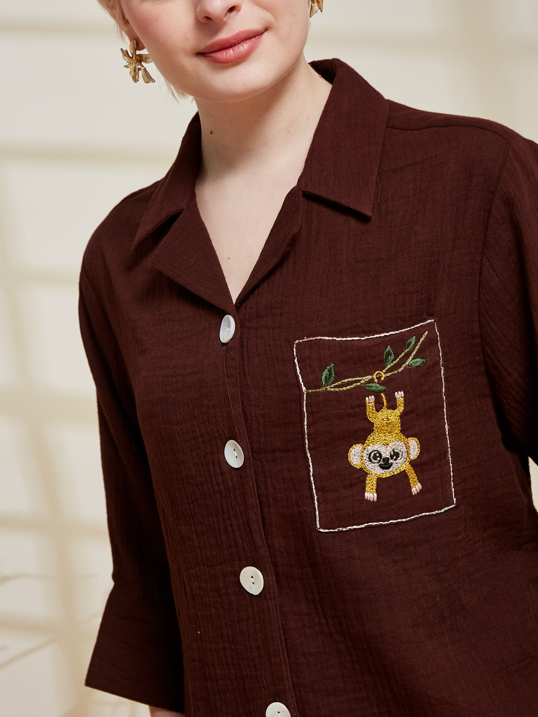 Coffee Cotton Casual Pocket Embroidery Shirt For Women