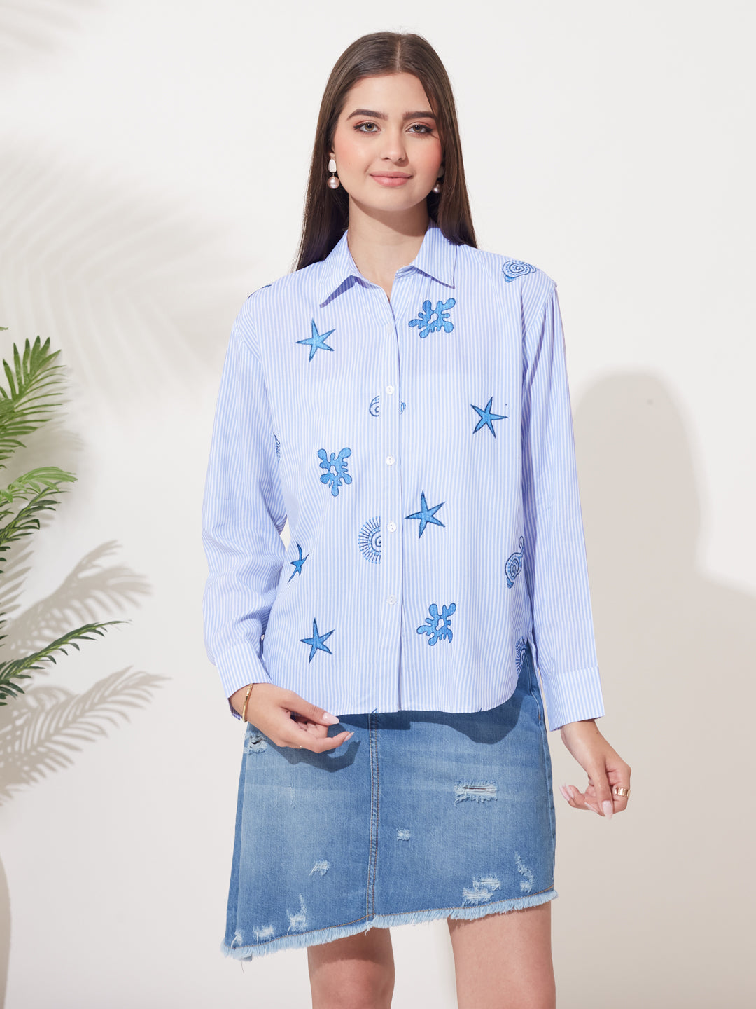 Blue Rayon Striped Embroidered Casual Shirt for Women