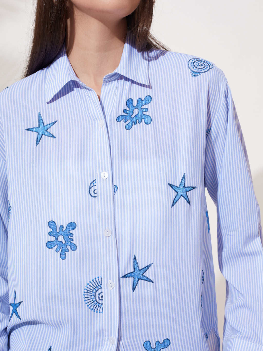 Blue Rayon Striped Embroidered Casual Shirt for Women
