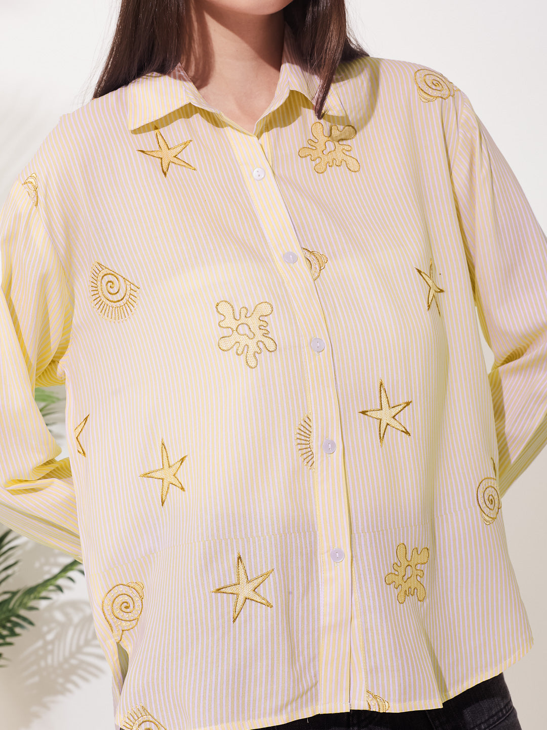 Women's Casual Cream Rayon Striped Embroidered Button-Down Shirt