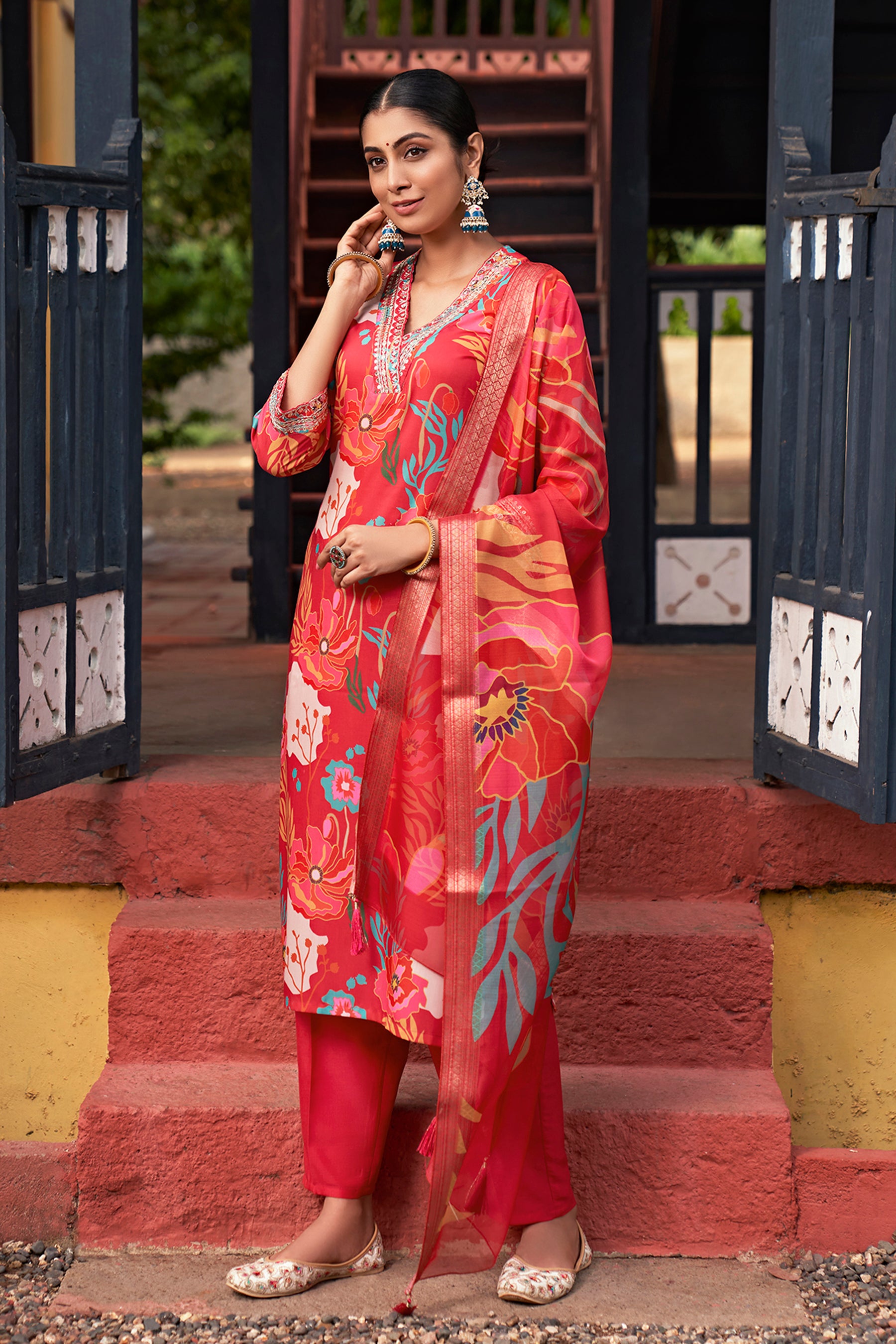 Pink Embroidered Muslin Kurta Duppta Set