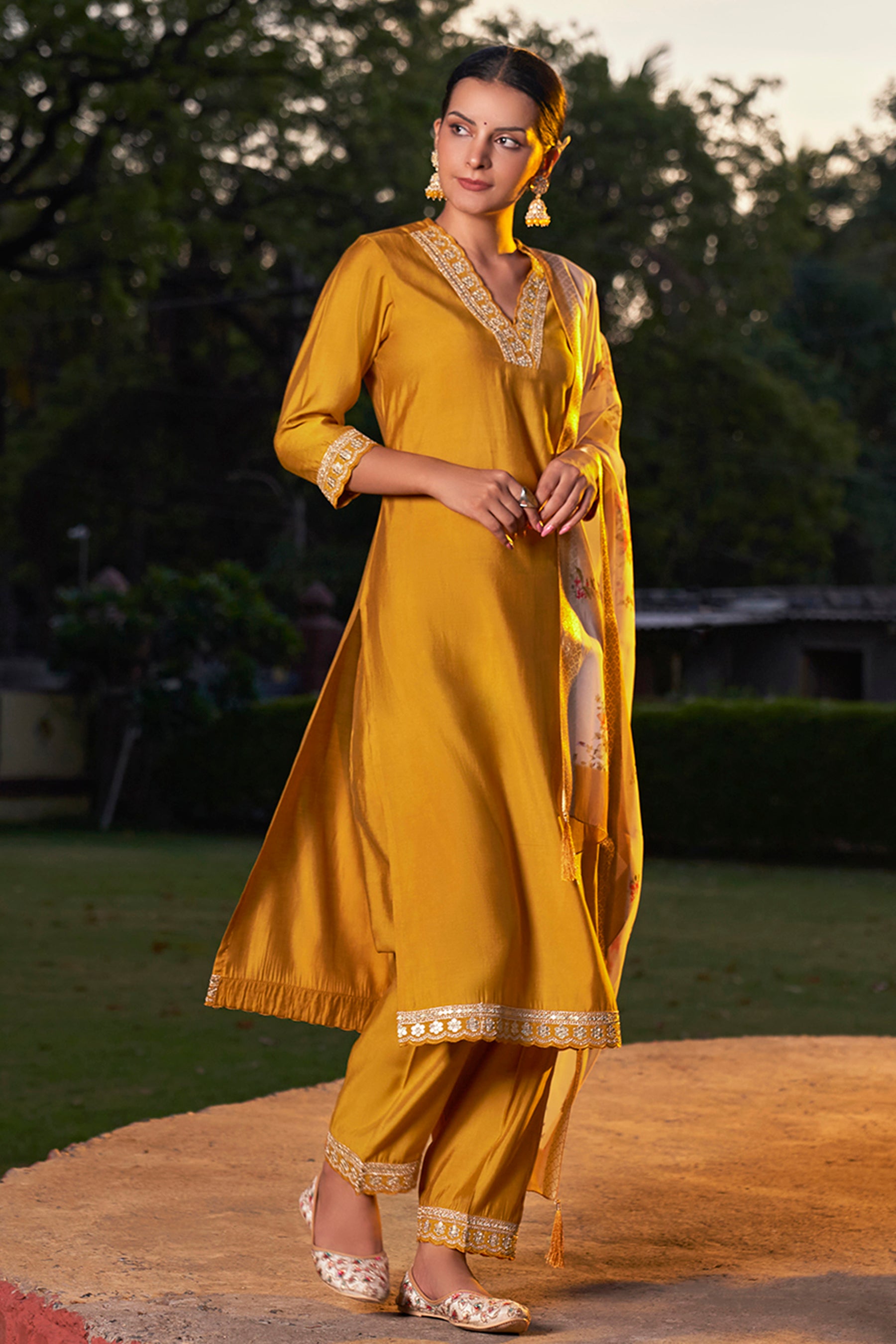 Yellow Embroidered Chanderi Viscose Straight Suit With Dupatta