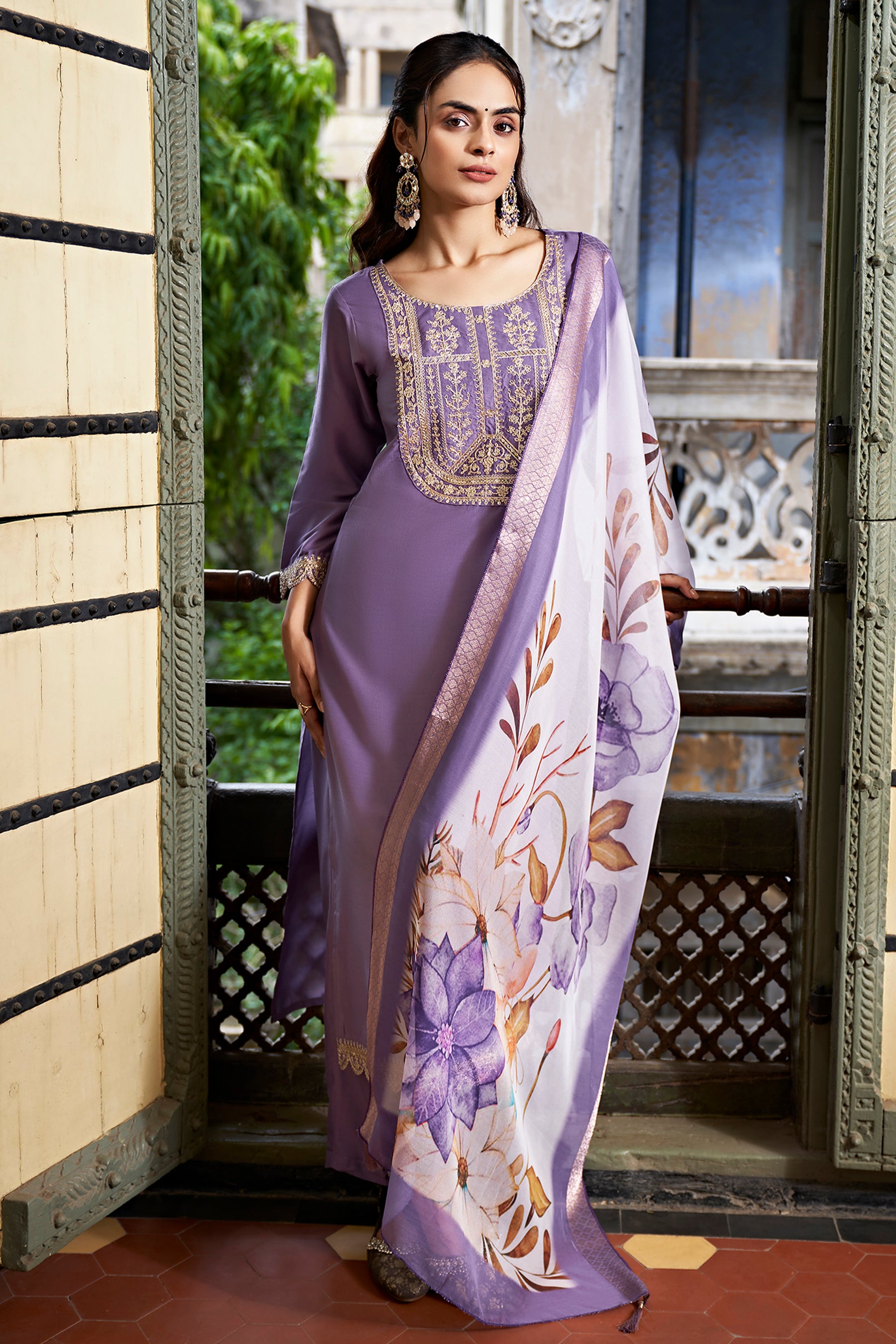 Purple Chinon Straight Kurta With Printed Dupatta