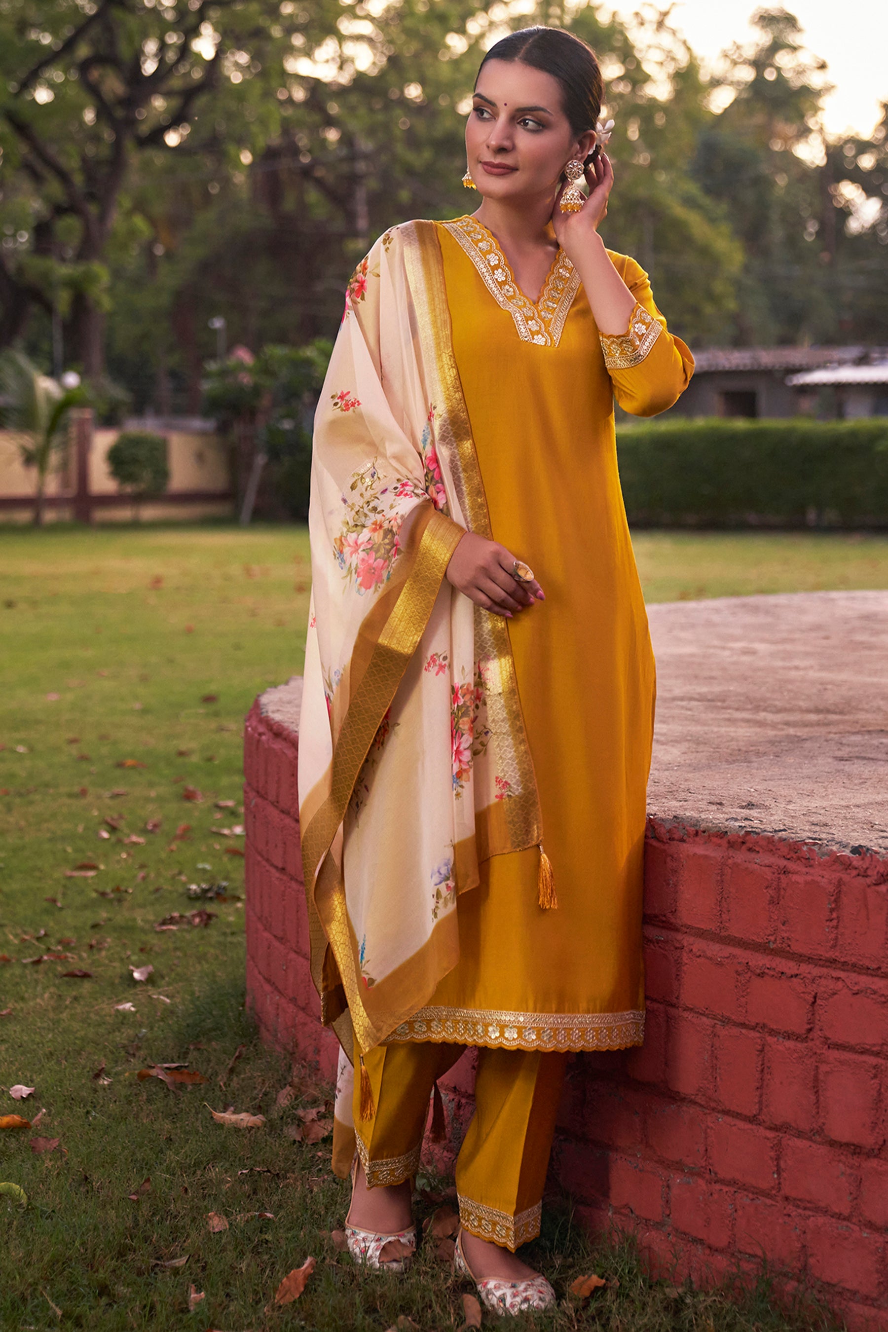 Yellow Embroidered Chanderi Viscose Straight Suit With Dupatta