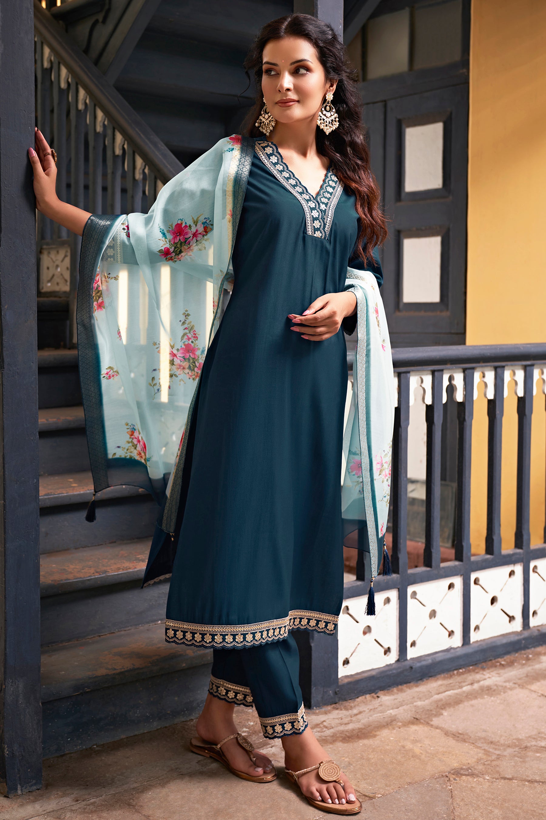 Teal Blue Embroidered Chanderi Viscose Straight Suit With Dupatta