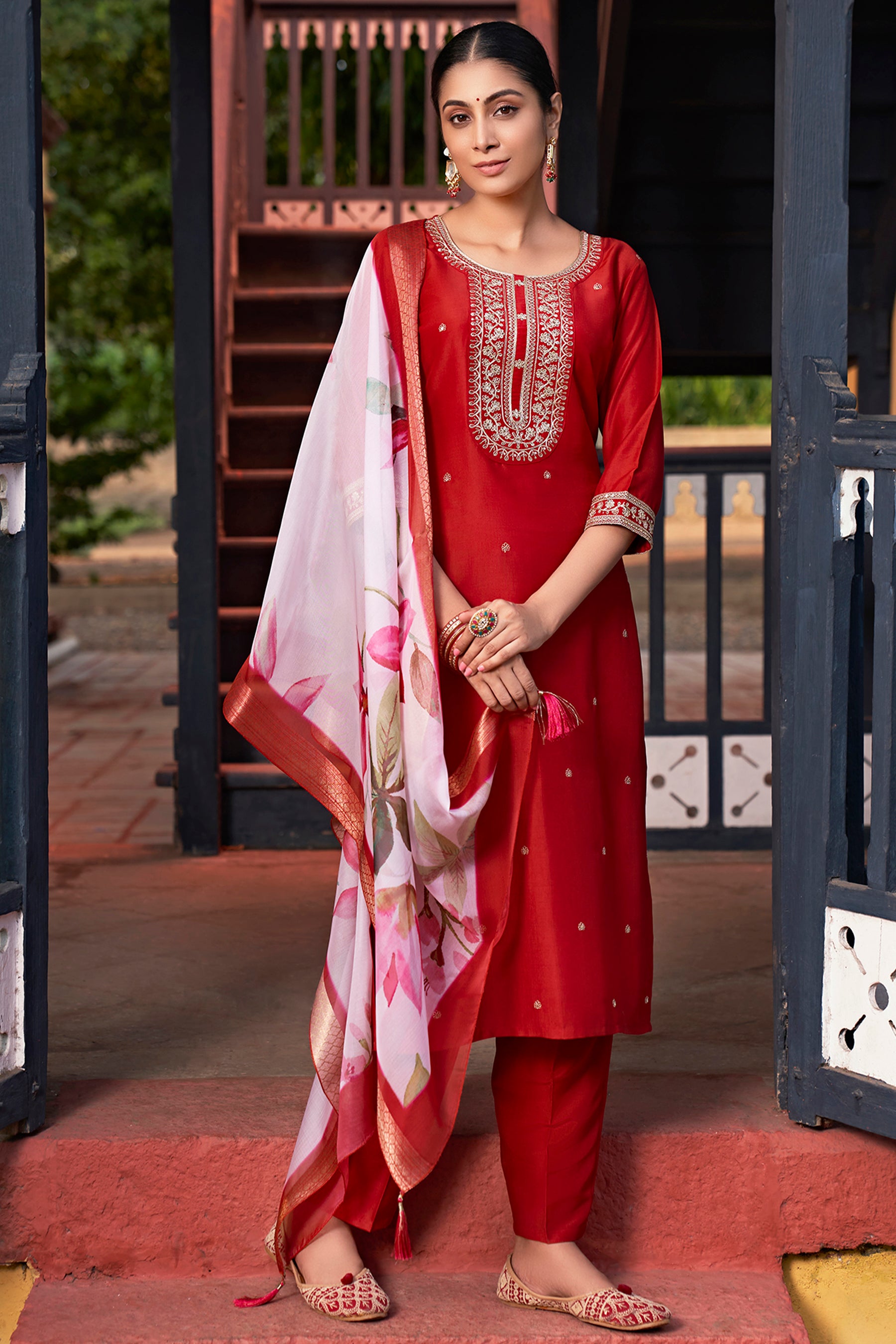 Red Chinon Kurta Duppta Set with neck patch work