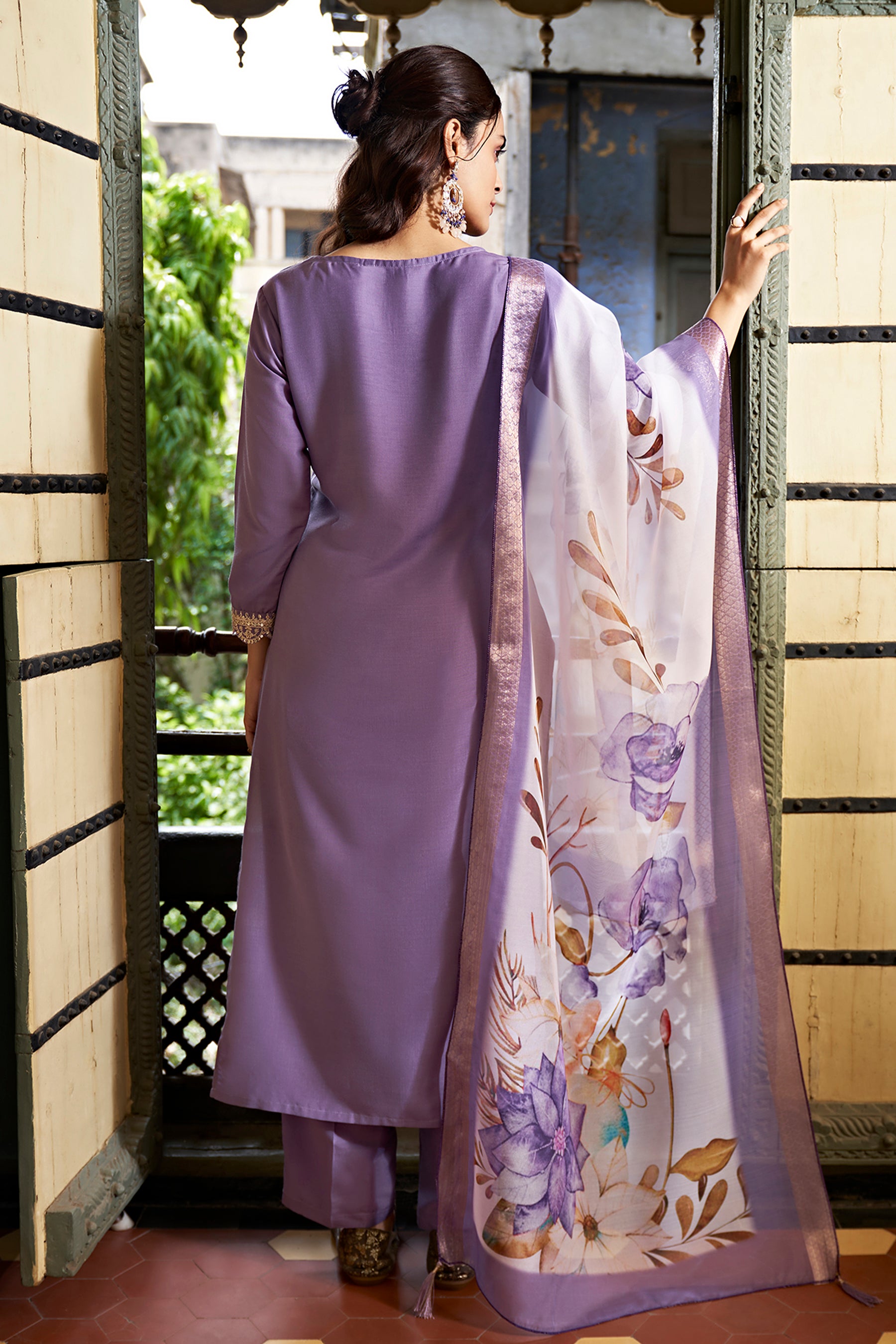 Purple Chinon Straight Kurta With Printed Dupatta