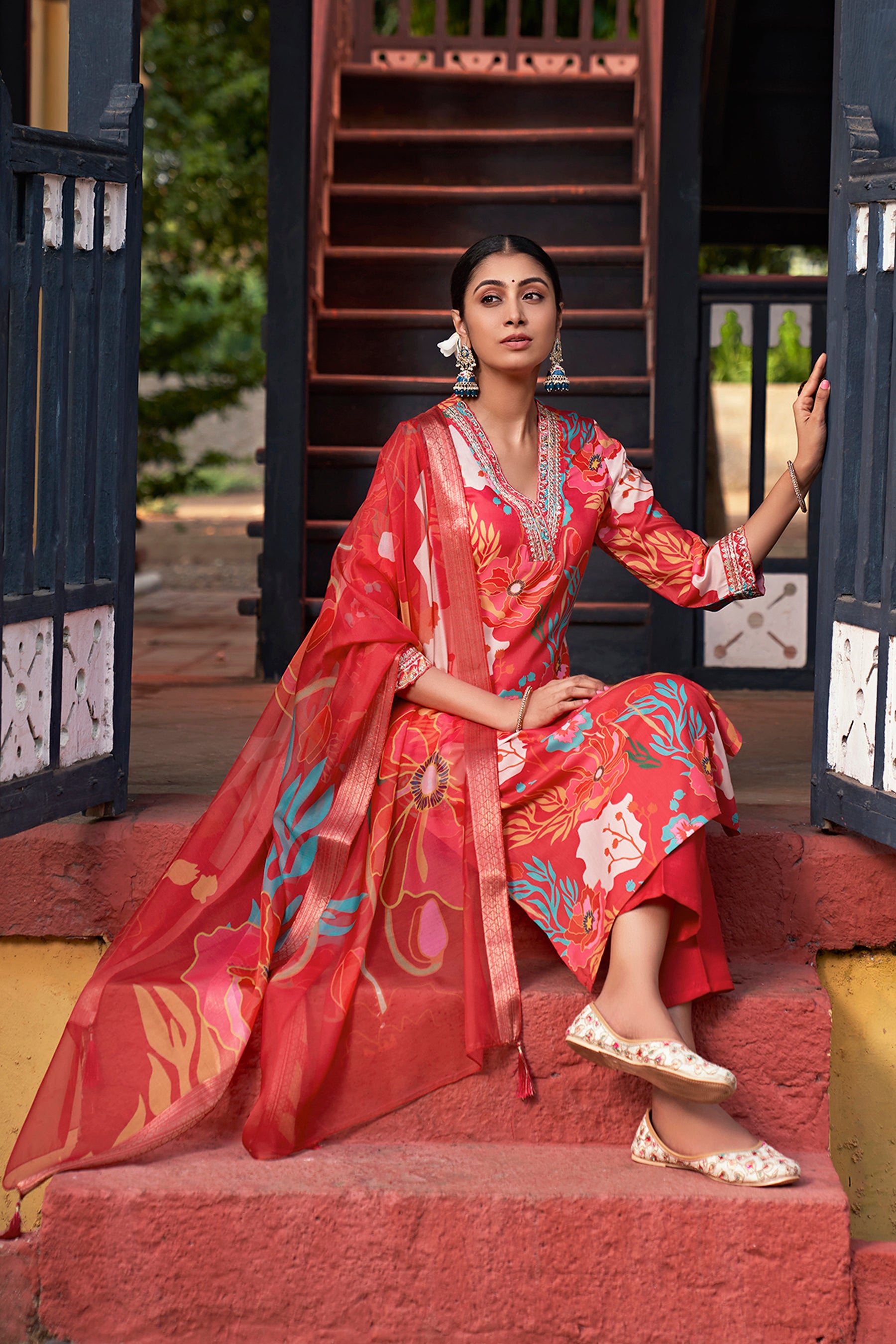 Pink Embroidered Muslin Kurta Duppta Set