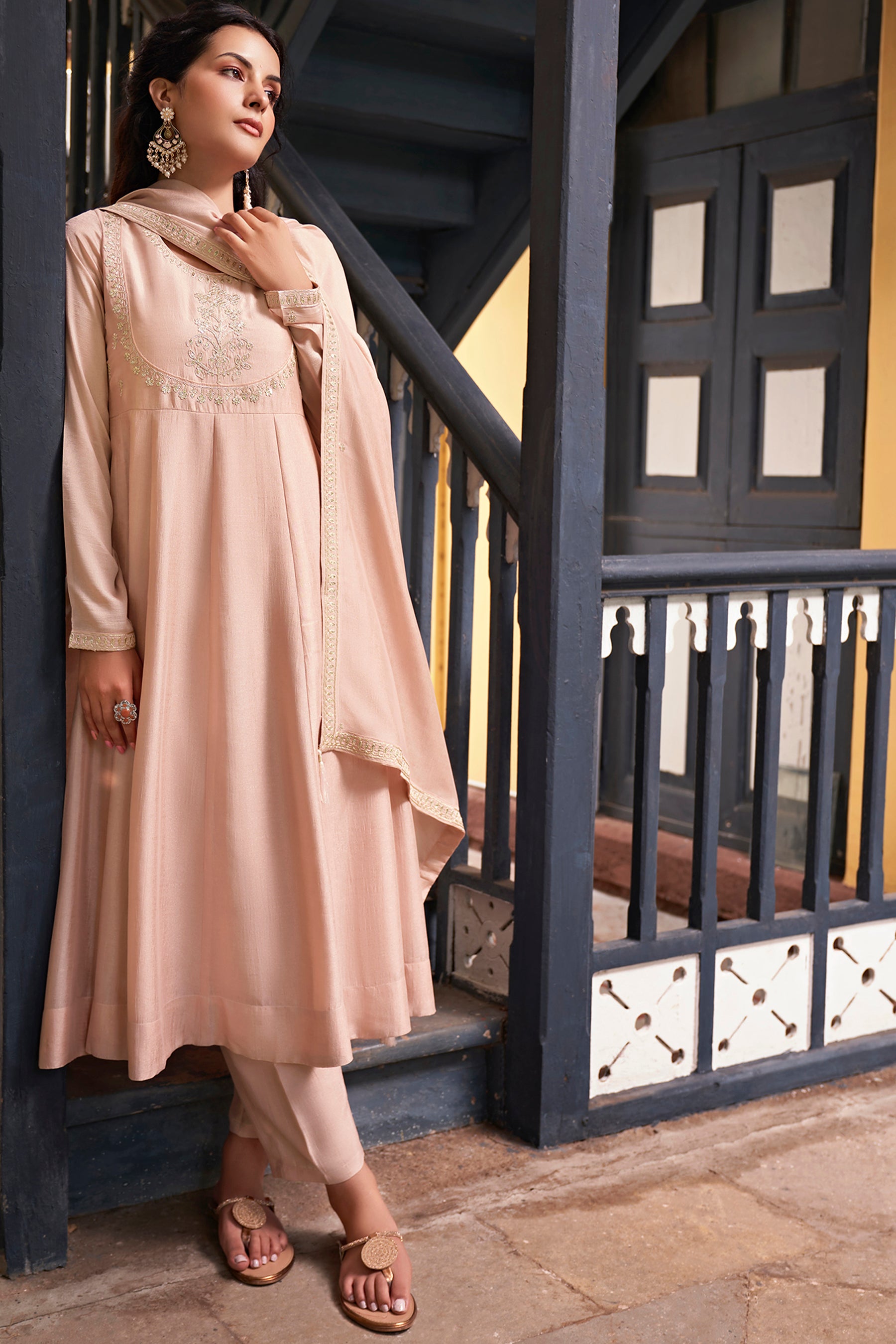 Rose Pink Embroidered Silk Blend Anarkali Kurta With Dupatta Set