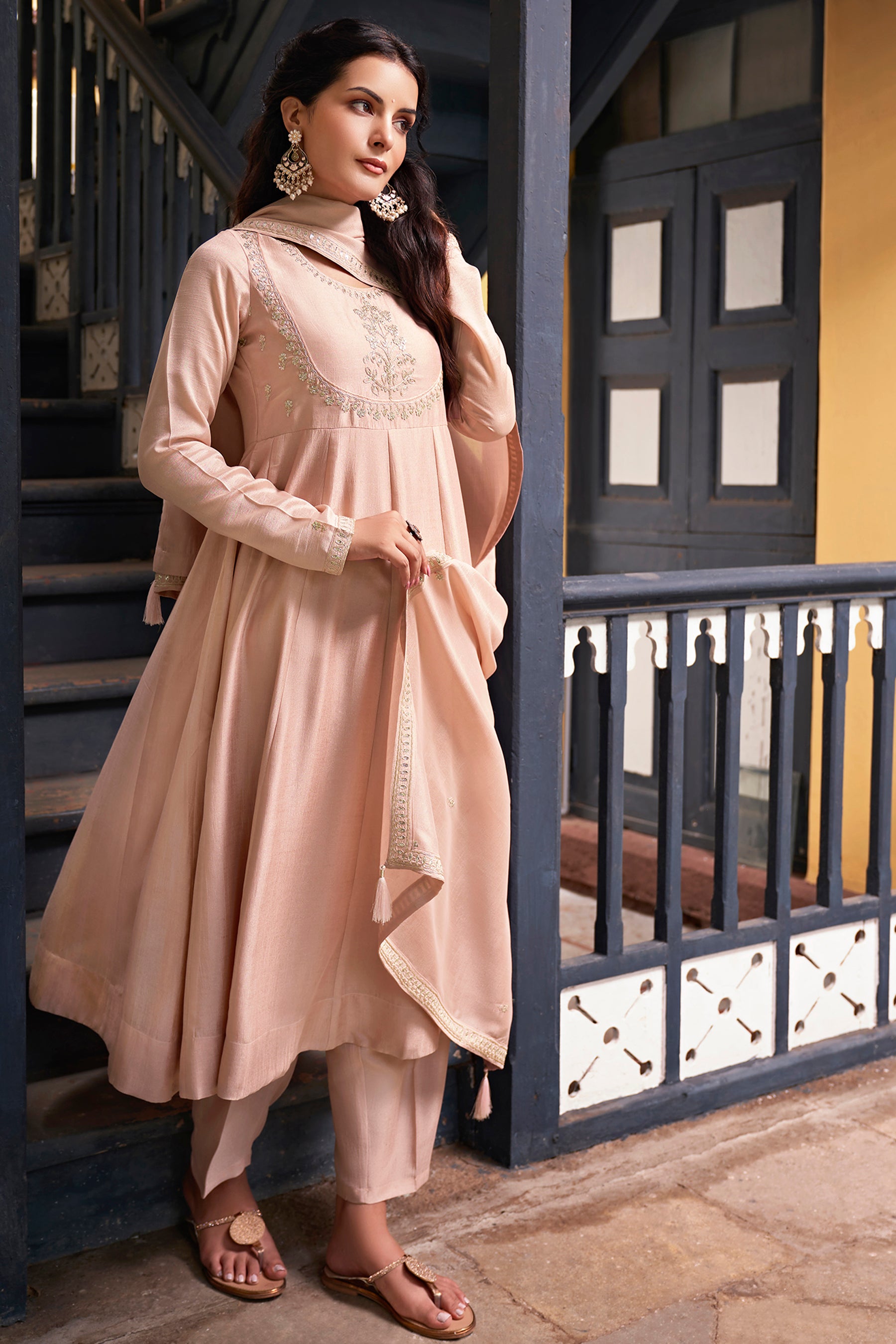 Rose Pink Embroidered Silk Blend Anarkali Kurta With Dupatta Set