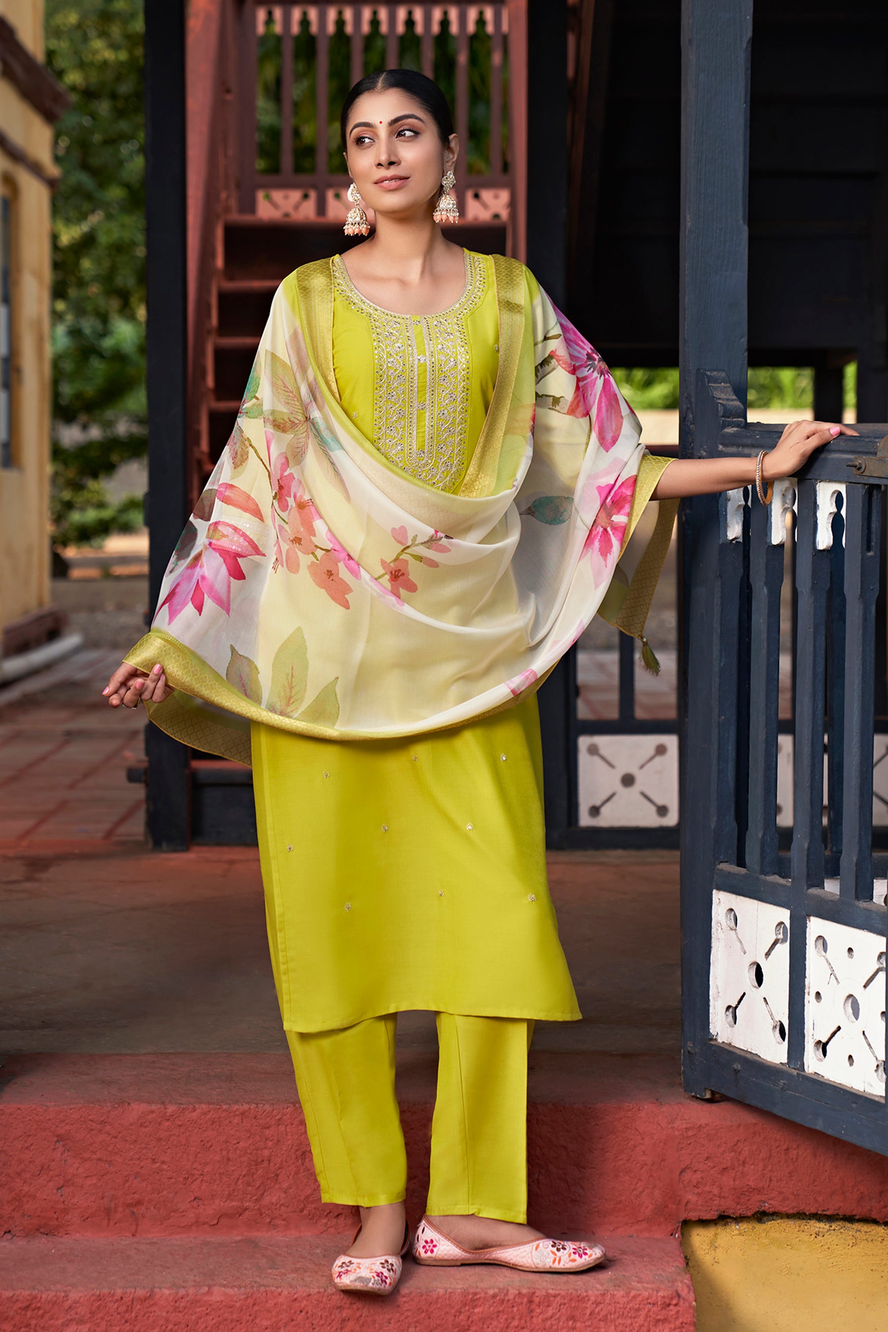 Neon Chinon Kurta Duppta Set with neck patch work