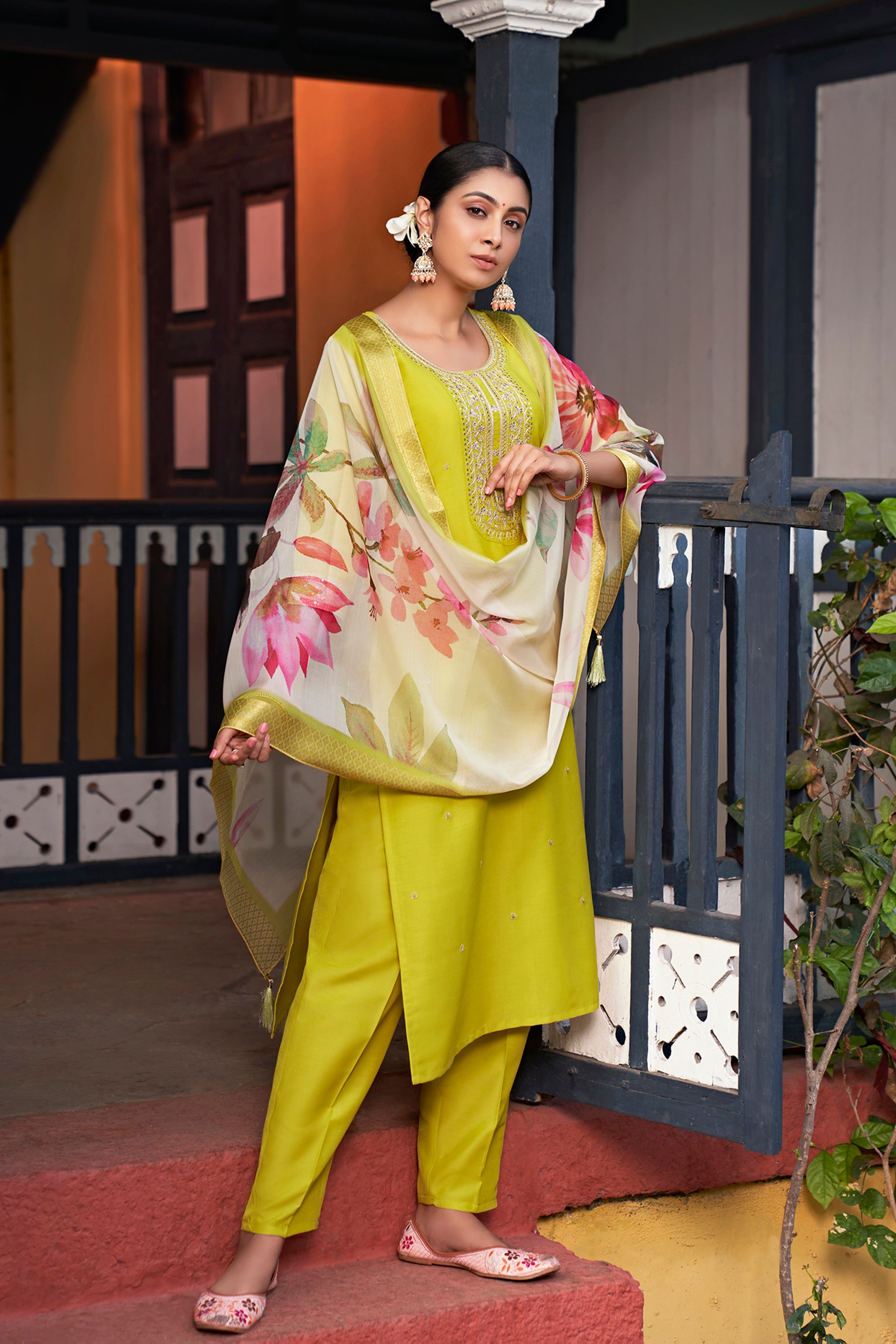 Neon Chinon Kurta Duppta Set with neck patch work