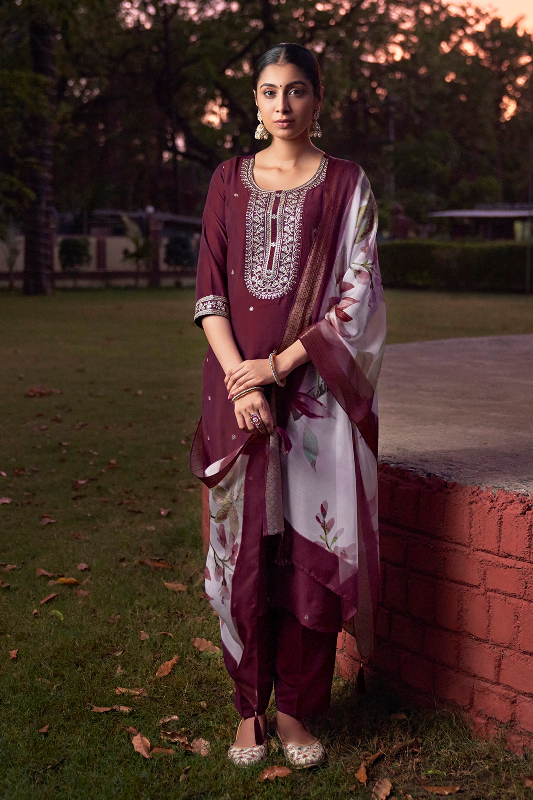 Wine Chinon Kurta Duppta Set with neck patch work