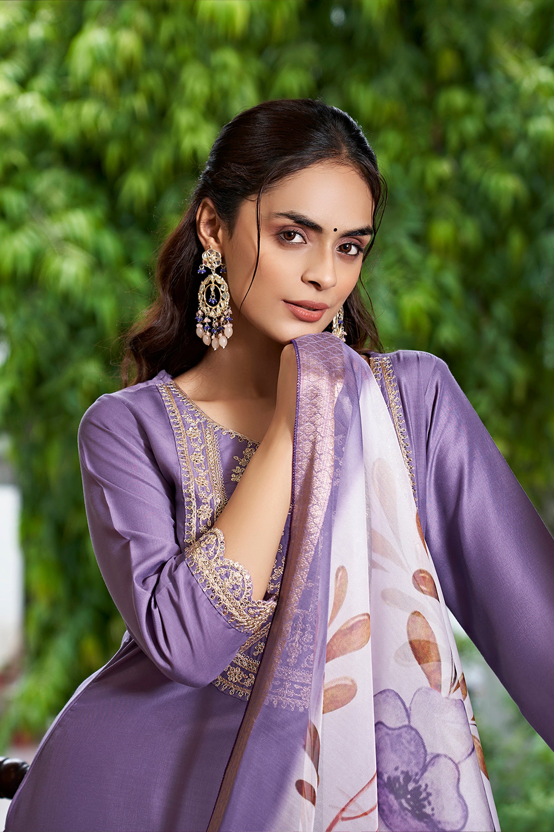 Purple Chinon Straight Kurta With Printed Dupatta
