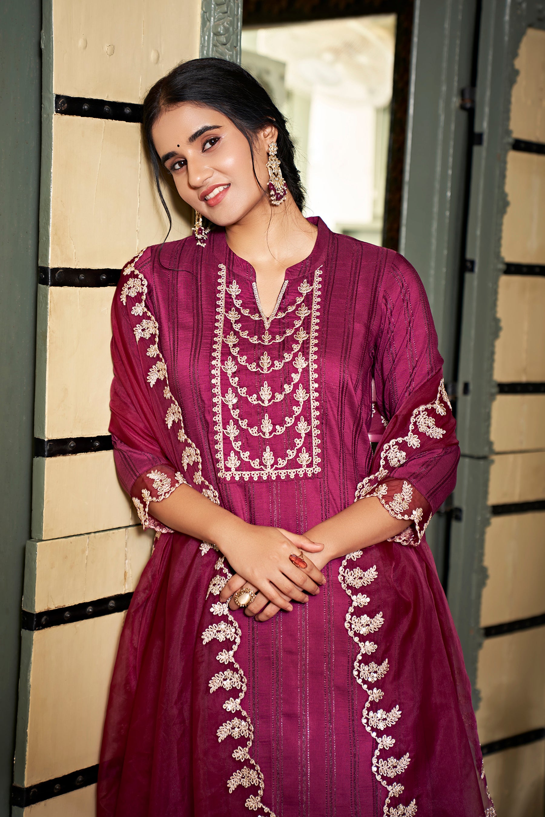Wine Chinon Embroidered Straight kurta Set
