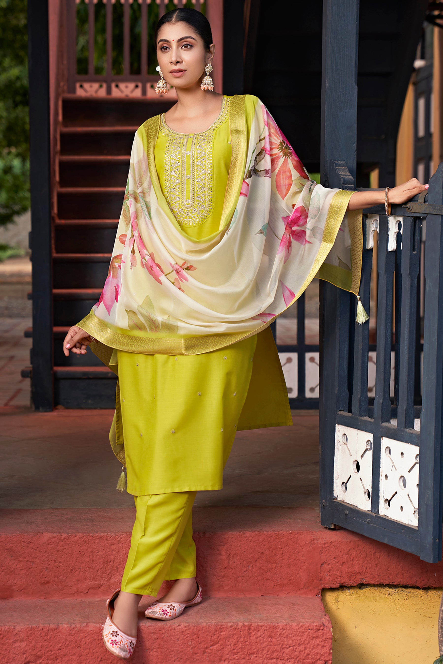 Neon Chinon Kurta Duppta Set with neck patch work