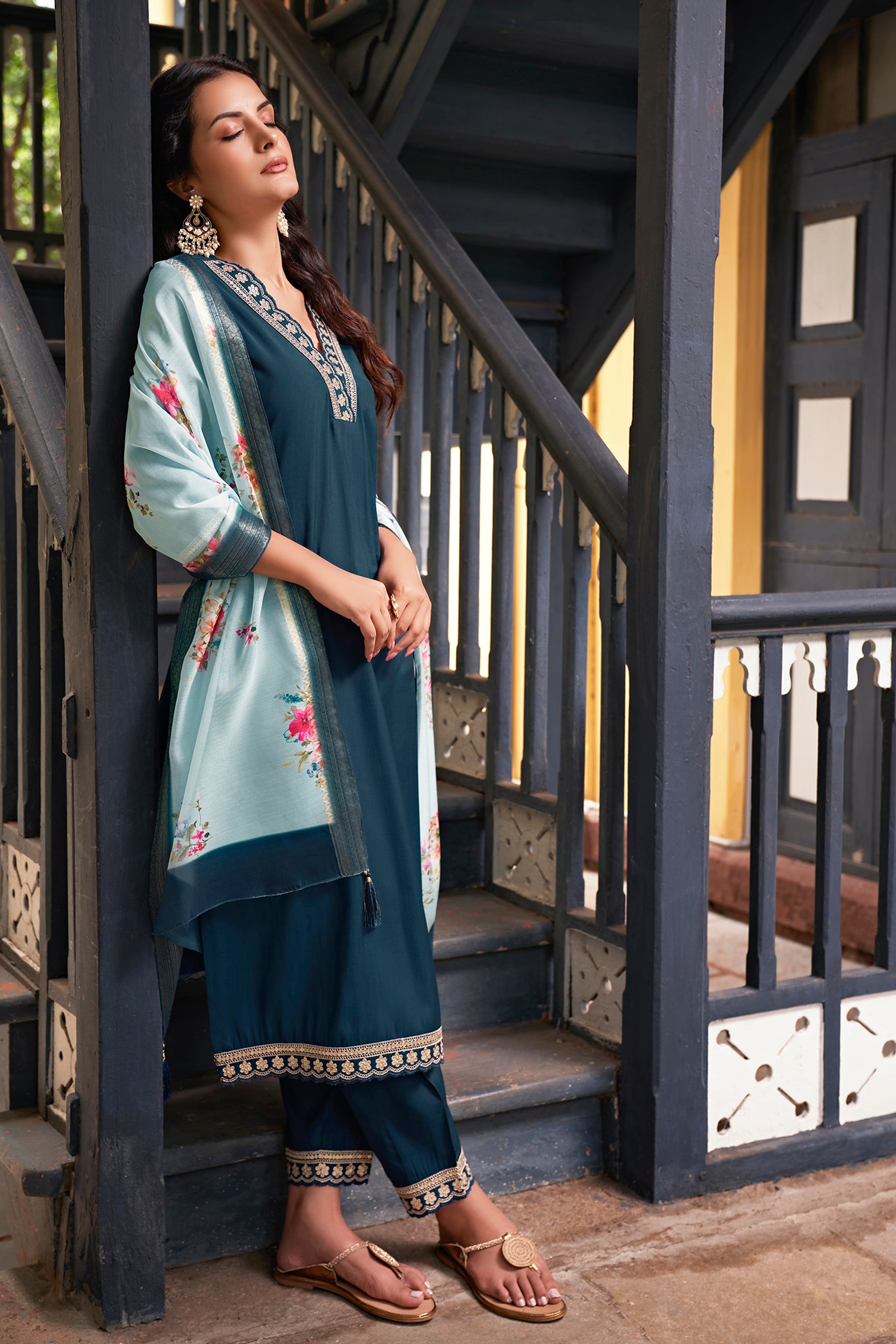 Teal Blue Embroidered Chanderi Viscose Straight Suit With Dupatta