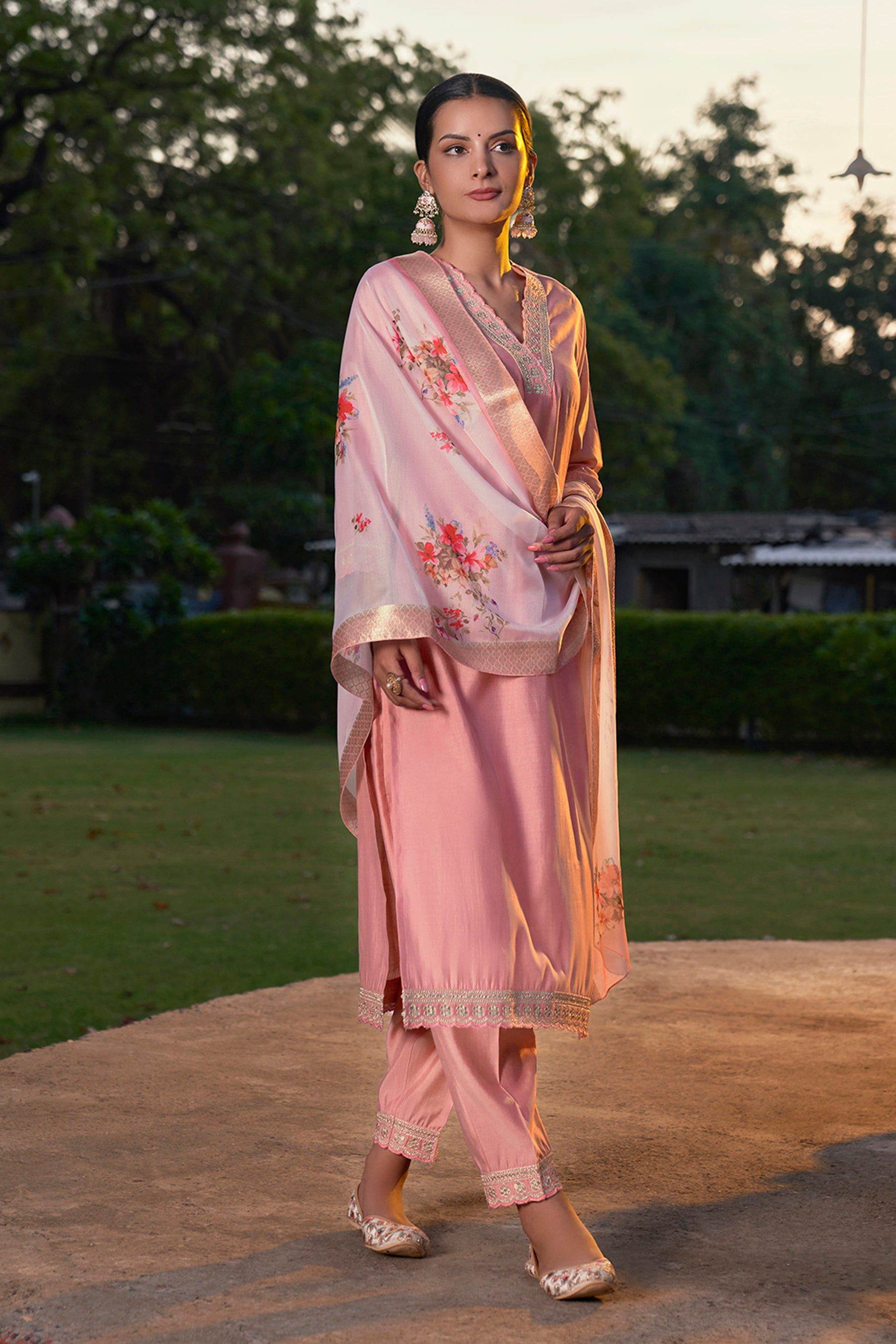 Pink Embroidered Chanderi Viscose Straight Suit With Dupatta