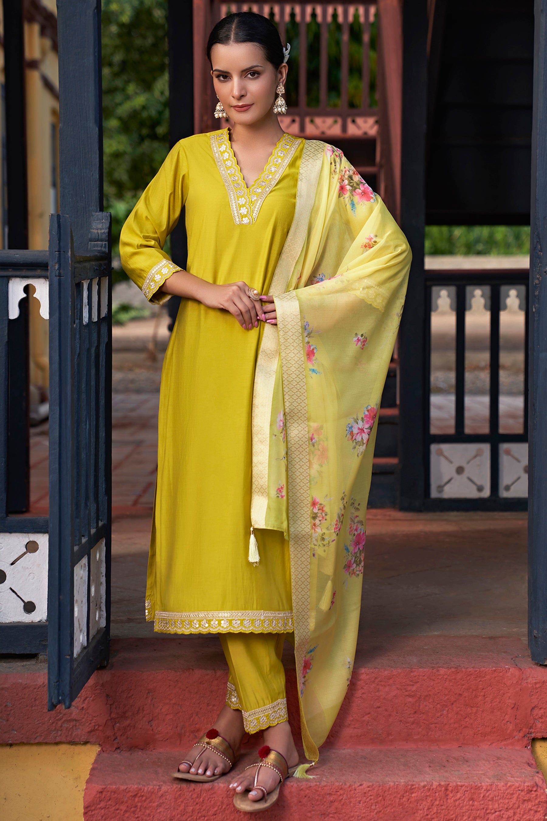 Neon Embroidered Chanderi Viscose Straight Suit With Dupatta