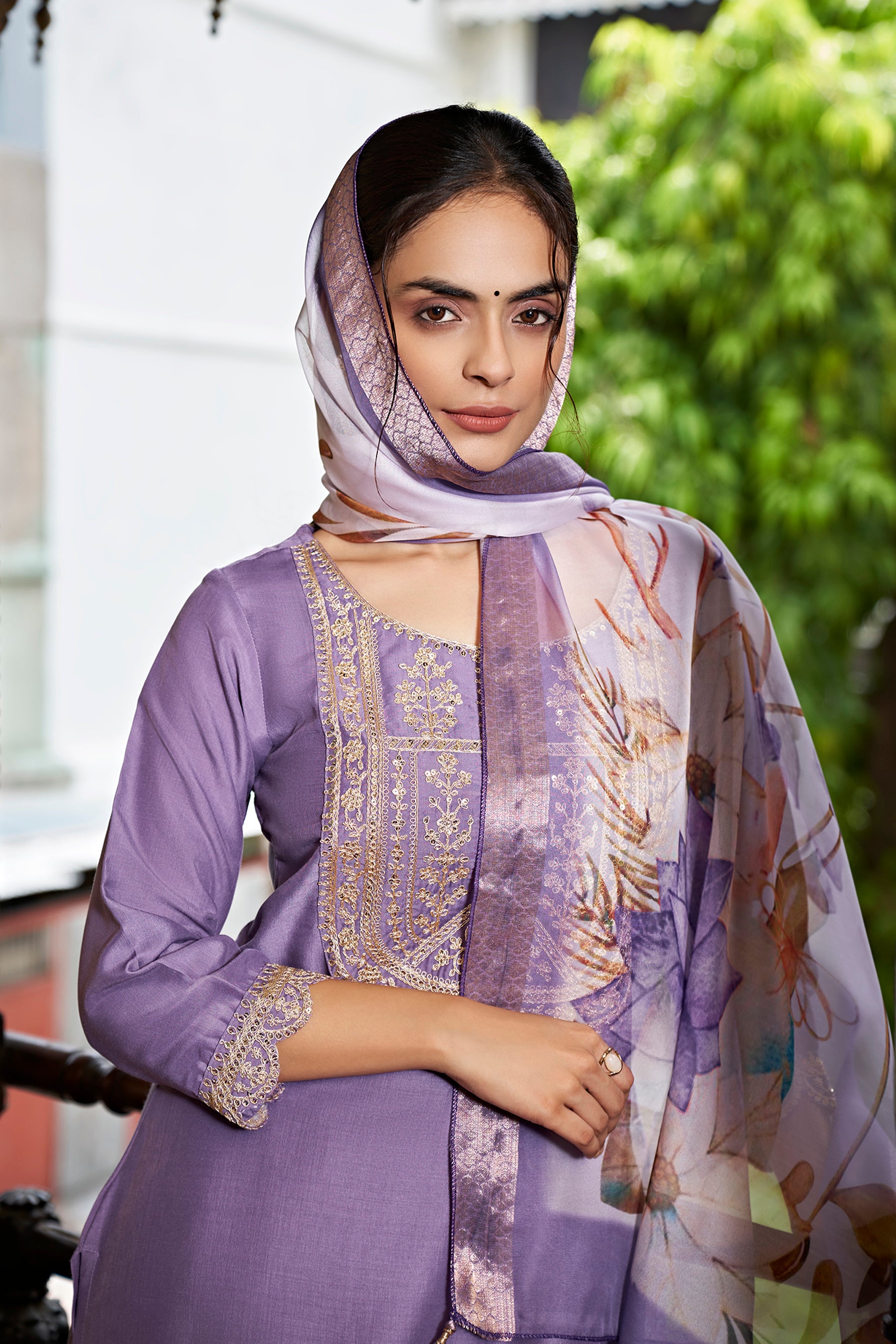 Purple Chinon Straight Kurta With Printed Dupatta