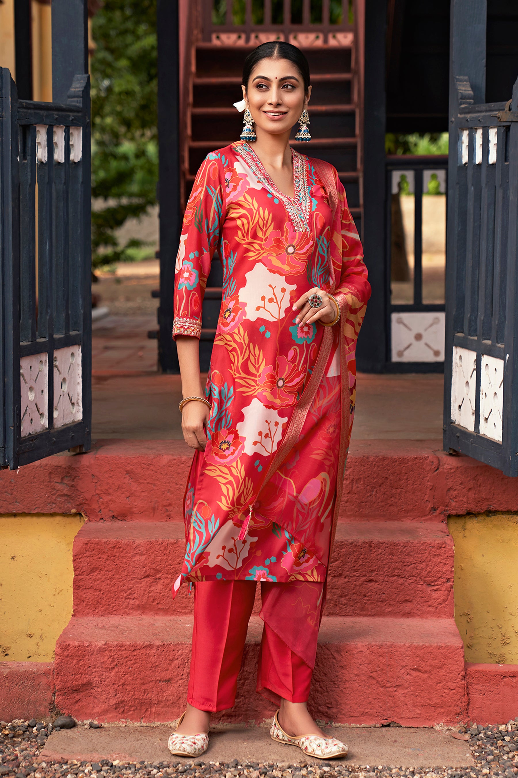 Pink Embroidered Muslin Kurta Duppta Set