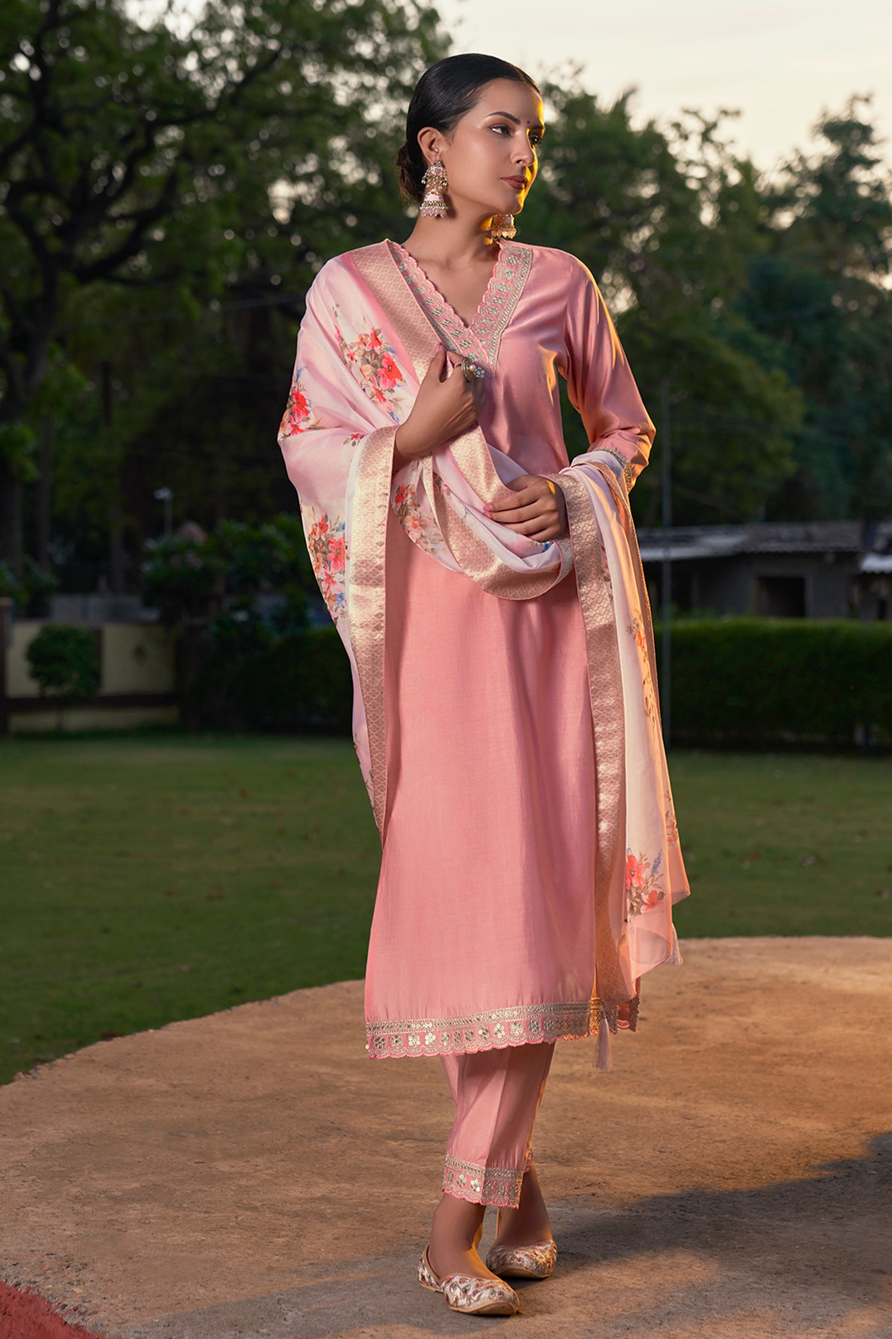 Pink Embroidered Chanderi Viscose Straight Suit With Dupatta