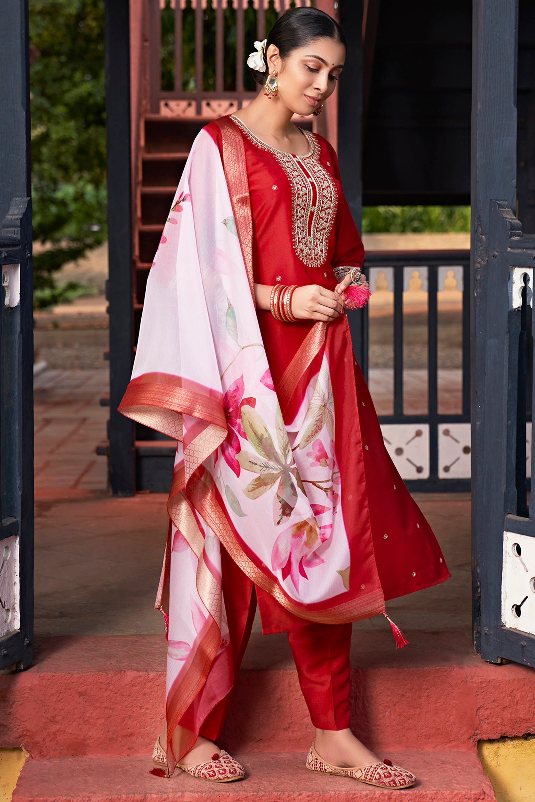 Red Chinon Kurta Duppta Set with neck patch work