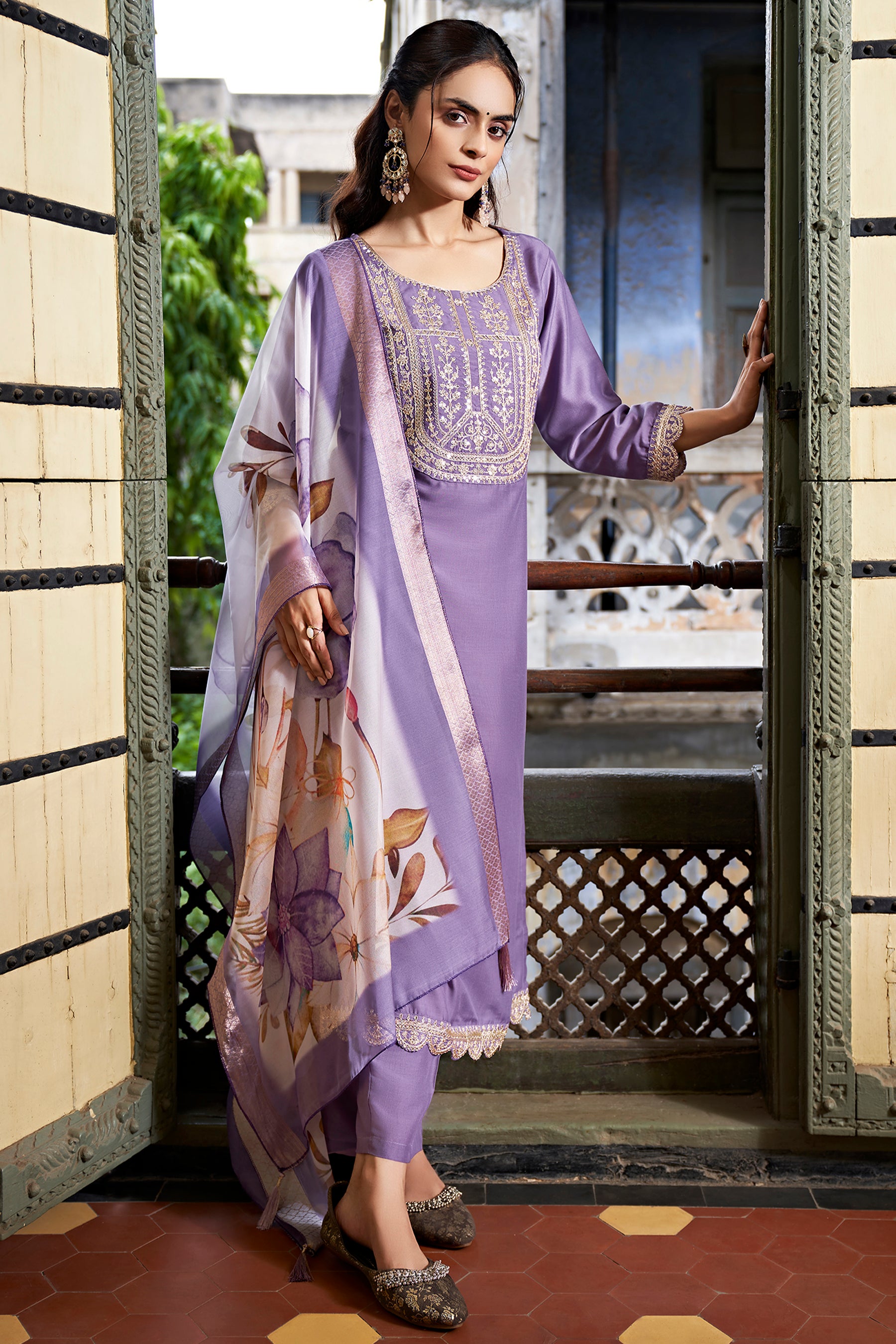 Purple Chinon Straight Kurta With Printed Dupatta